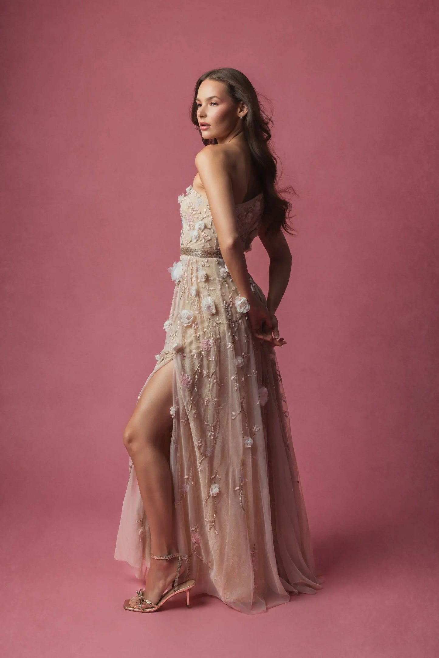 Pink Floral Embellished One Shoulder A Line Gown - Mac Duggal