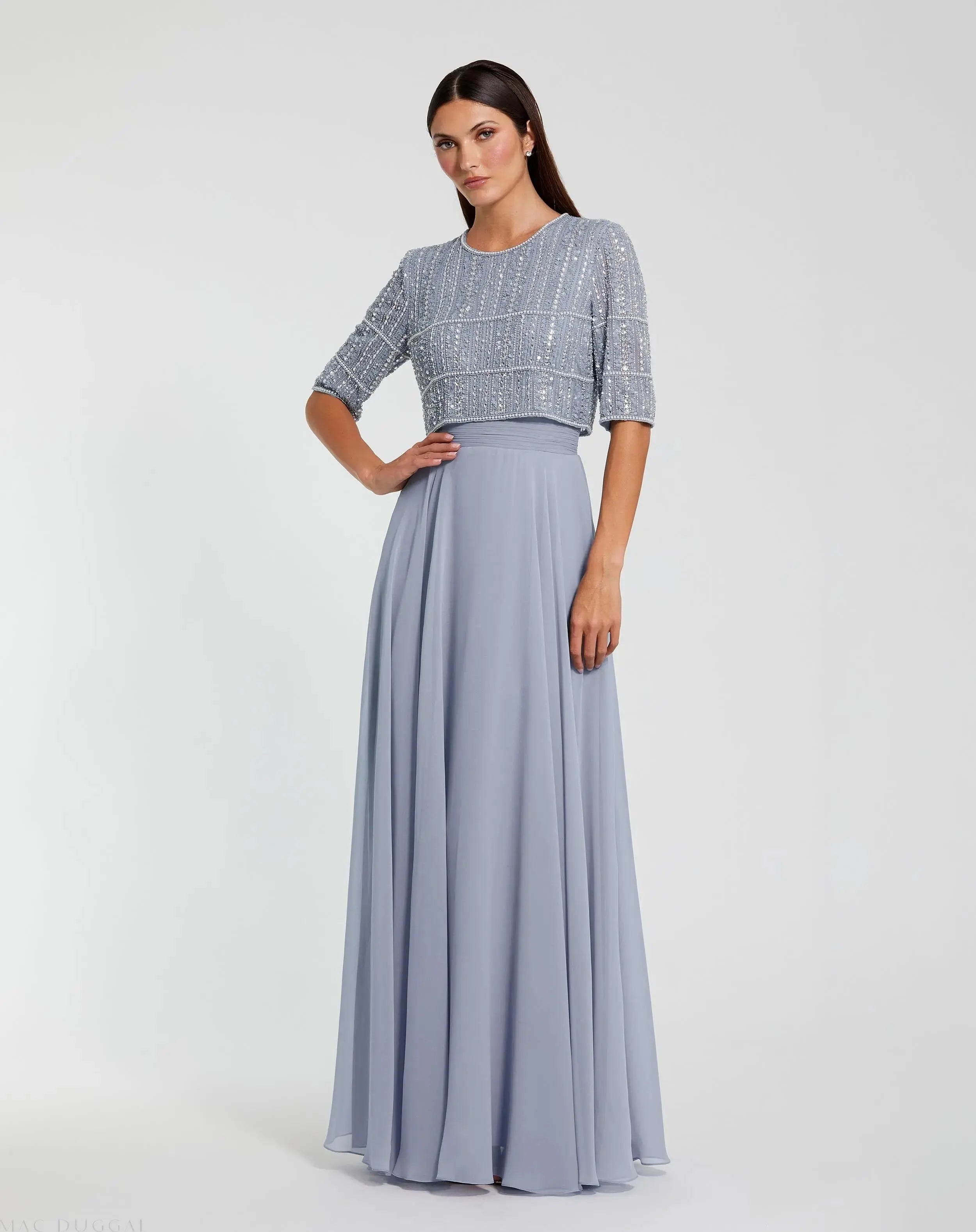 Mac Duggal - Blue Chiffon Gown w/ Fully Beaded 3/4 Sleeve Top - US 6 Mac Duggal - Blue Chiffon Gown w/ Fully Beaded 3/4 Sleeve Top - US 6