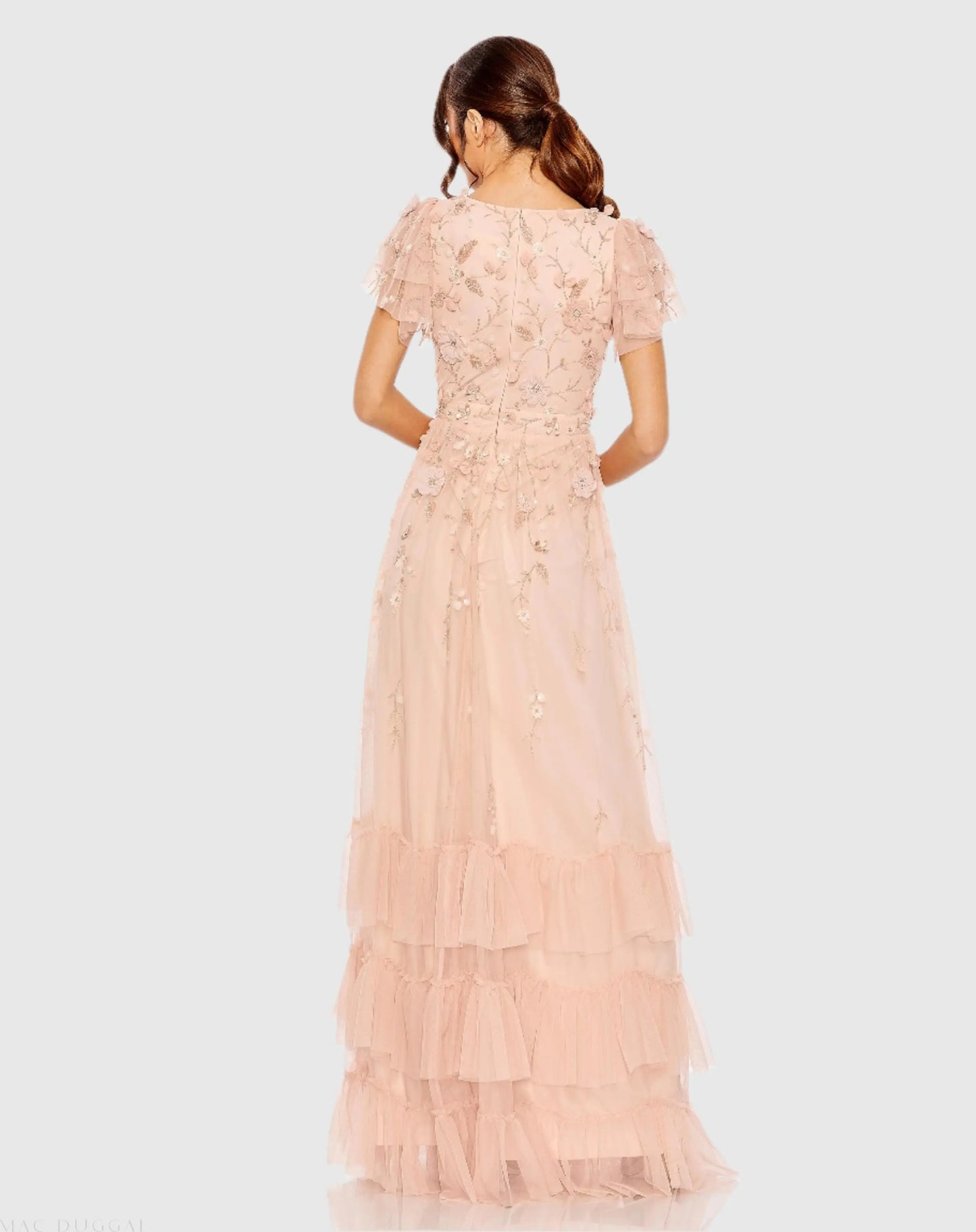 Pink Ruffle Tiered Embellished Faux Wrap Flutter Sleeve Gown - Mac Duggal