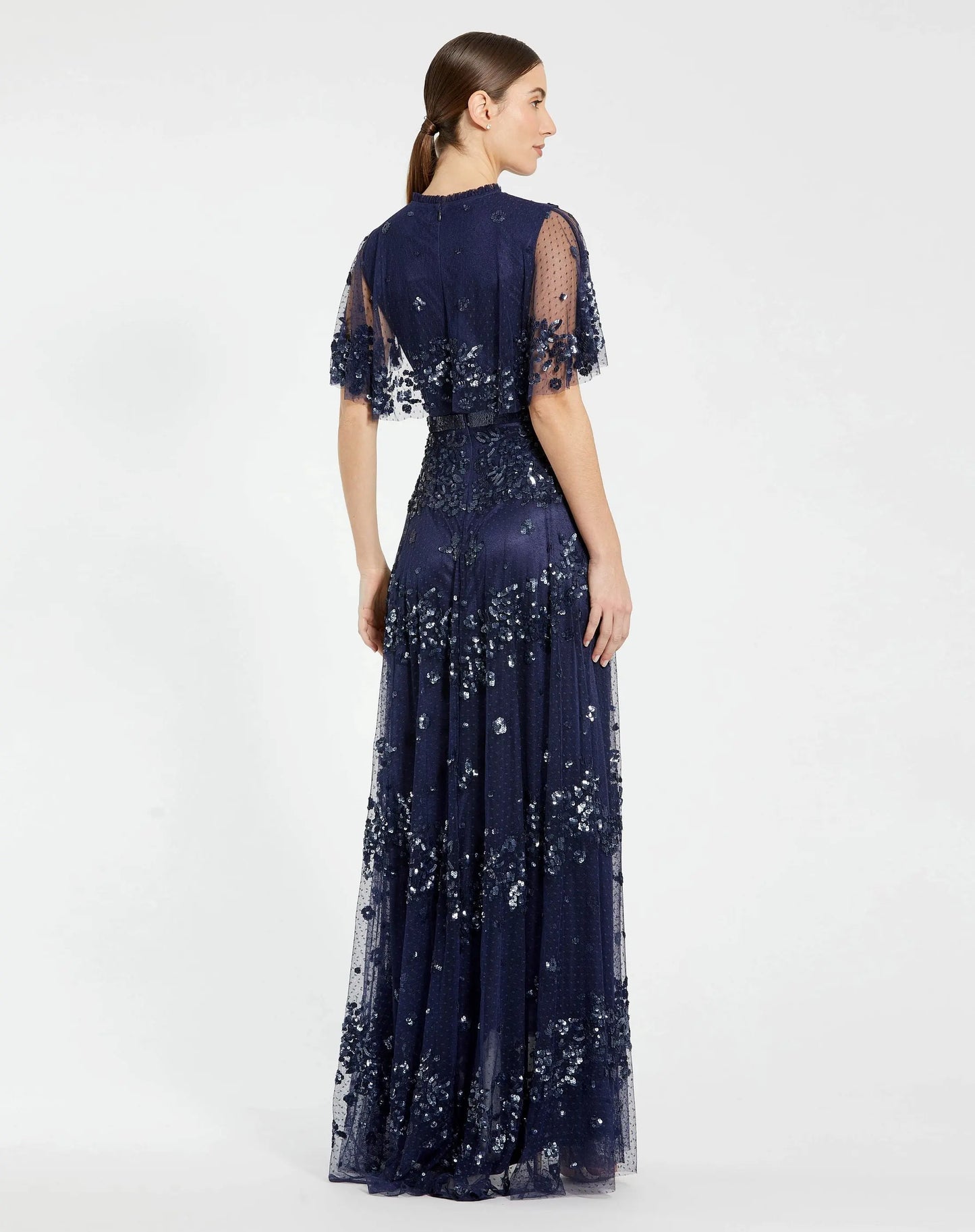 Navy Sequined High Neck Flutter Sleeve A Line Gown - Mac Duggal