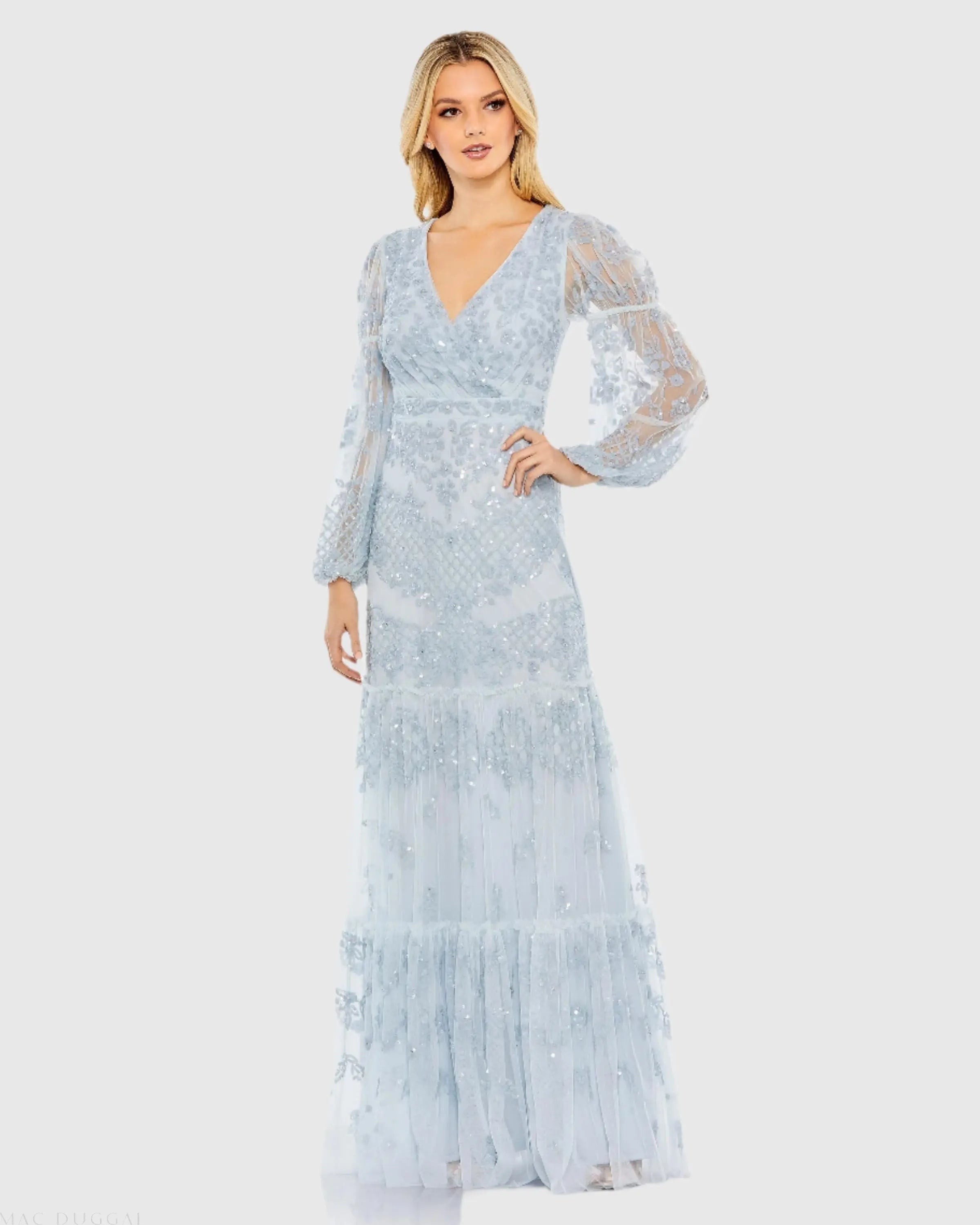 sky blue dress long sleeve Blue Sequined Tiered Wrap Over Puff Sleeve Gown