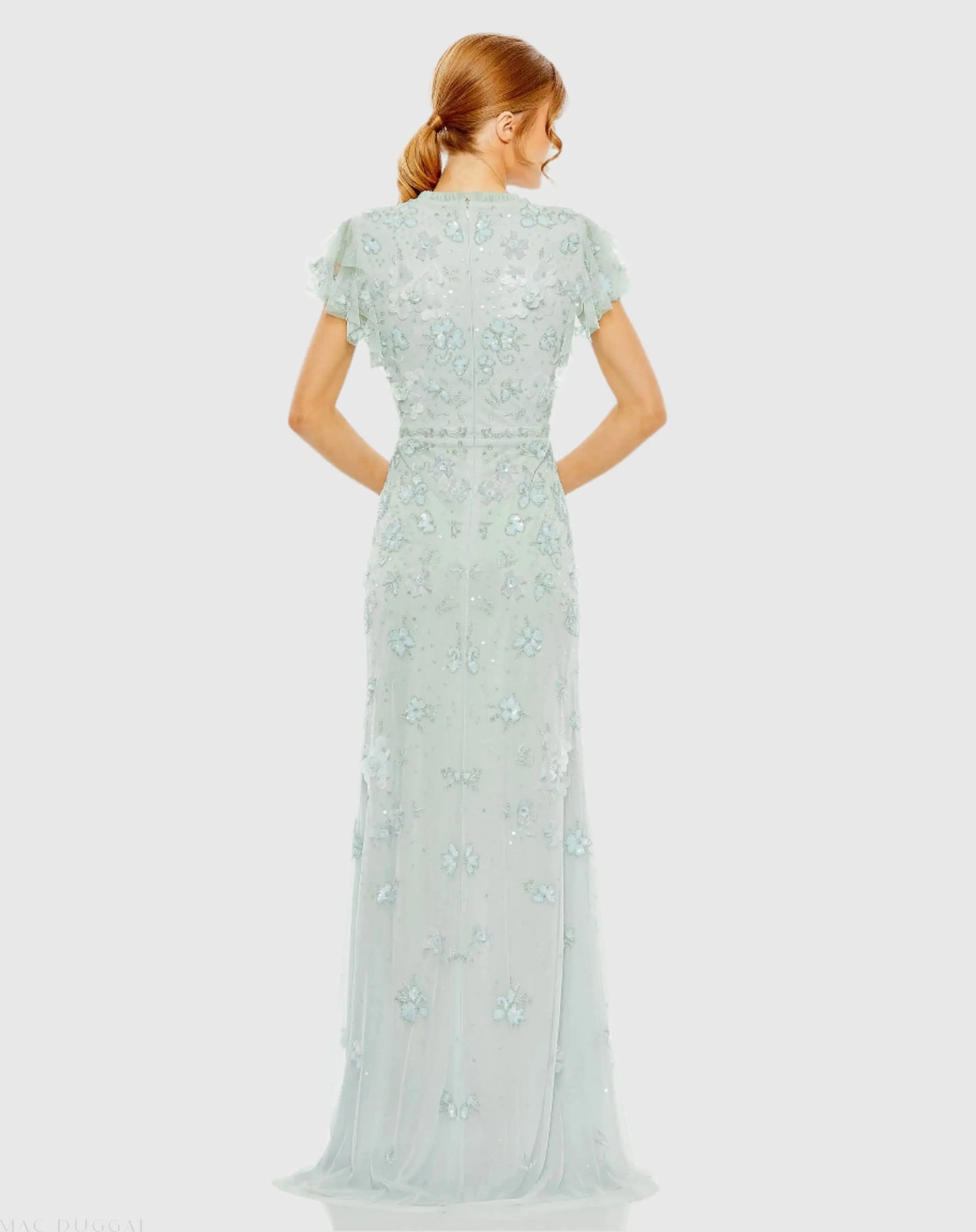 Blue Floral Embellished High Neck Flutter Sleeve Gown - Mac Duggal