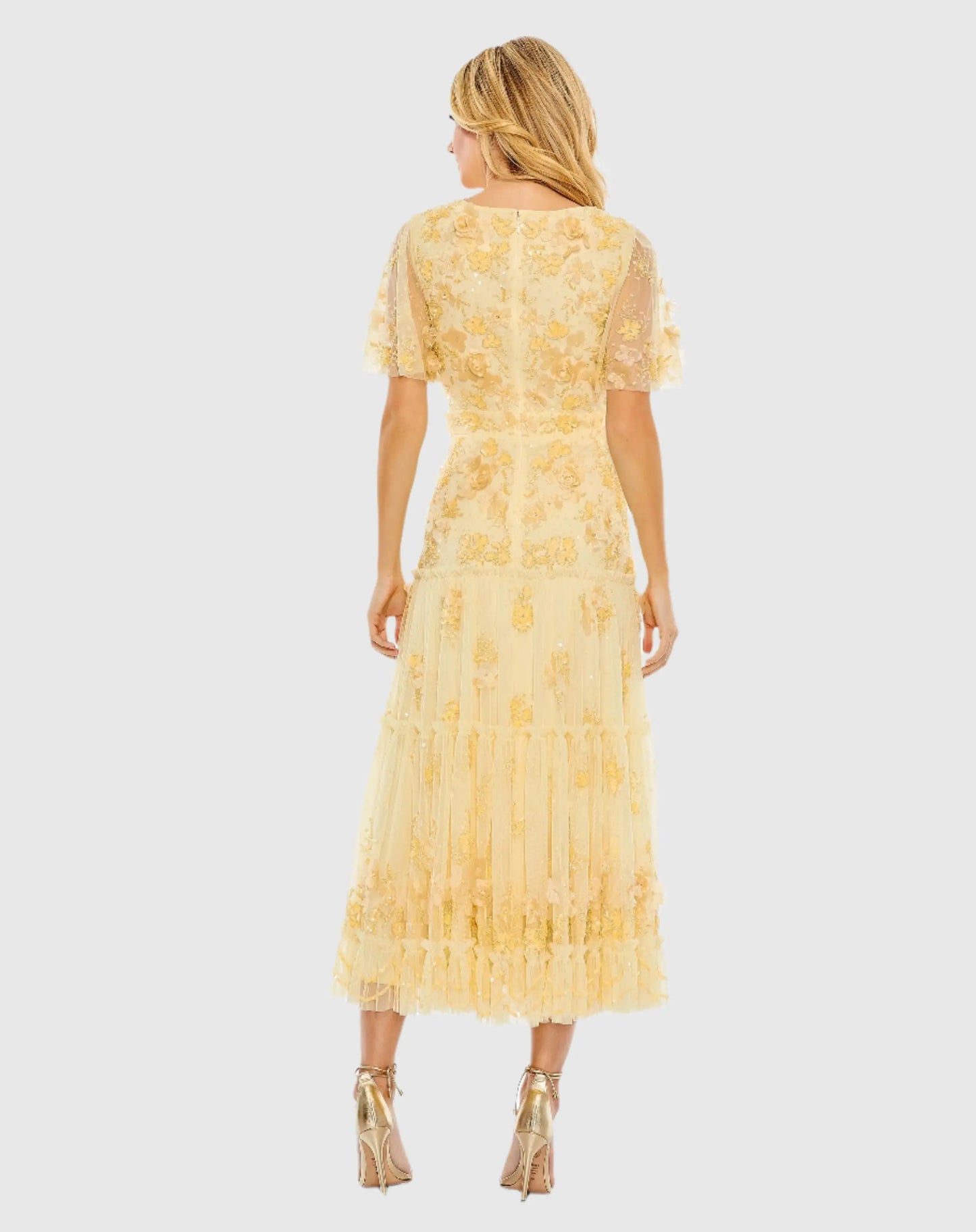 Yellow Floral Embellished Flutter Sleeve Tiered Dress - Mac Duggal