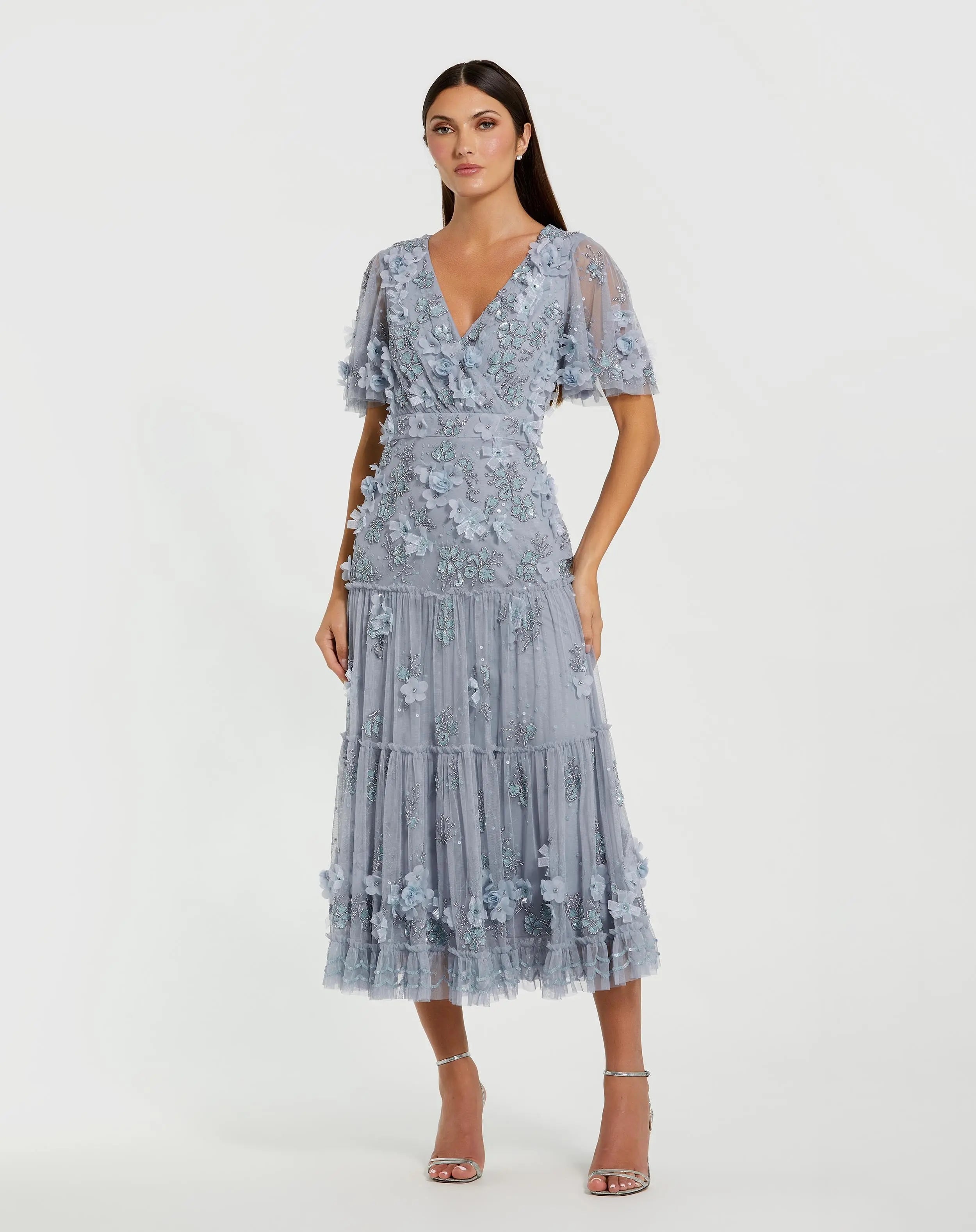 mac duggal embellished flutter sleeve bow waist a line dress Floral Tiered Color:Image color 1 The softly flowing A july26_bogo50 The James Dress