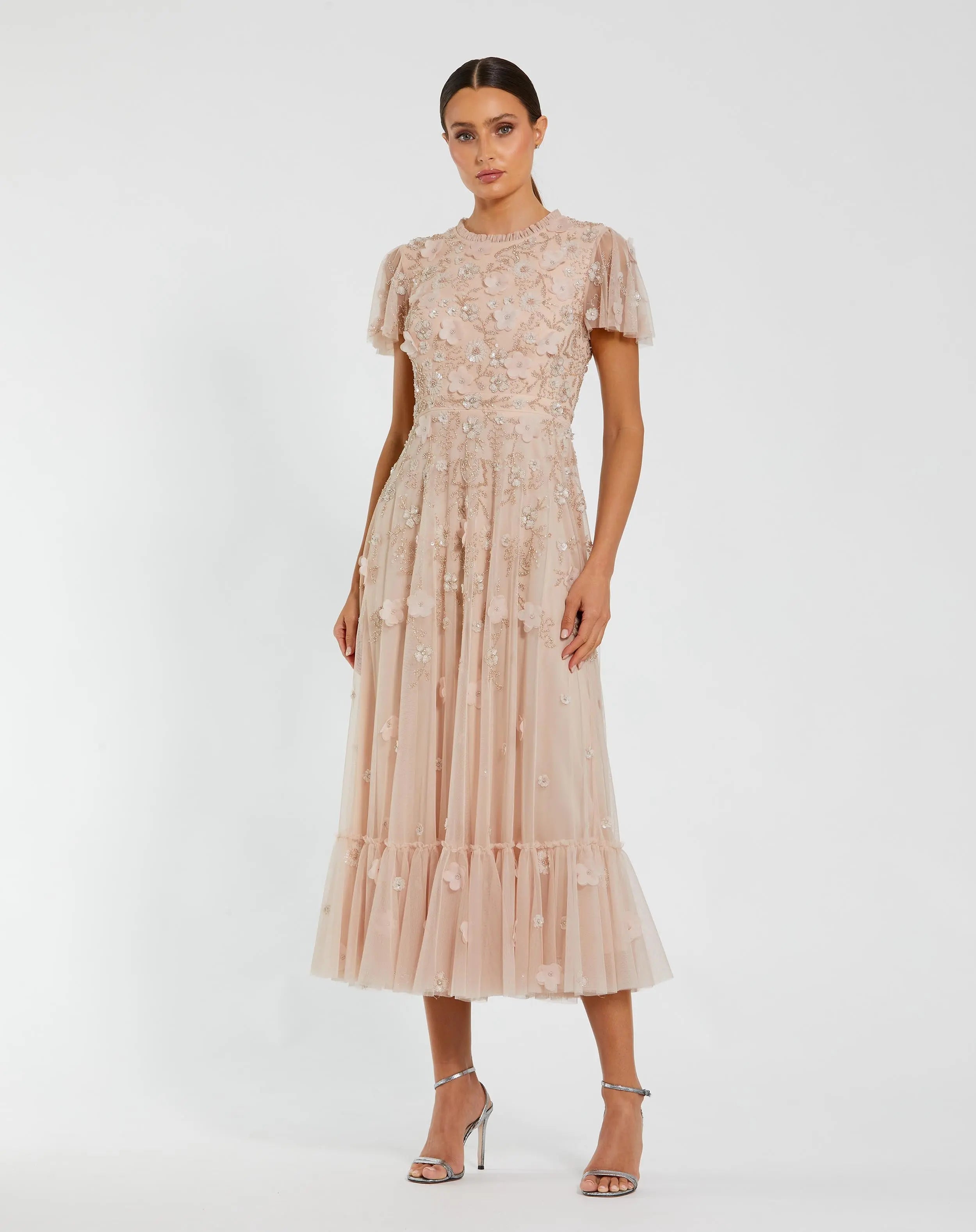Light Pink Embellished High Neck Flutter Sleeve A Line Dress