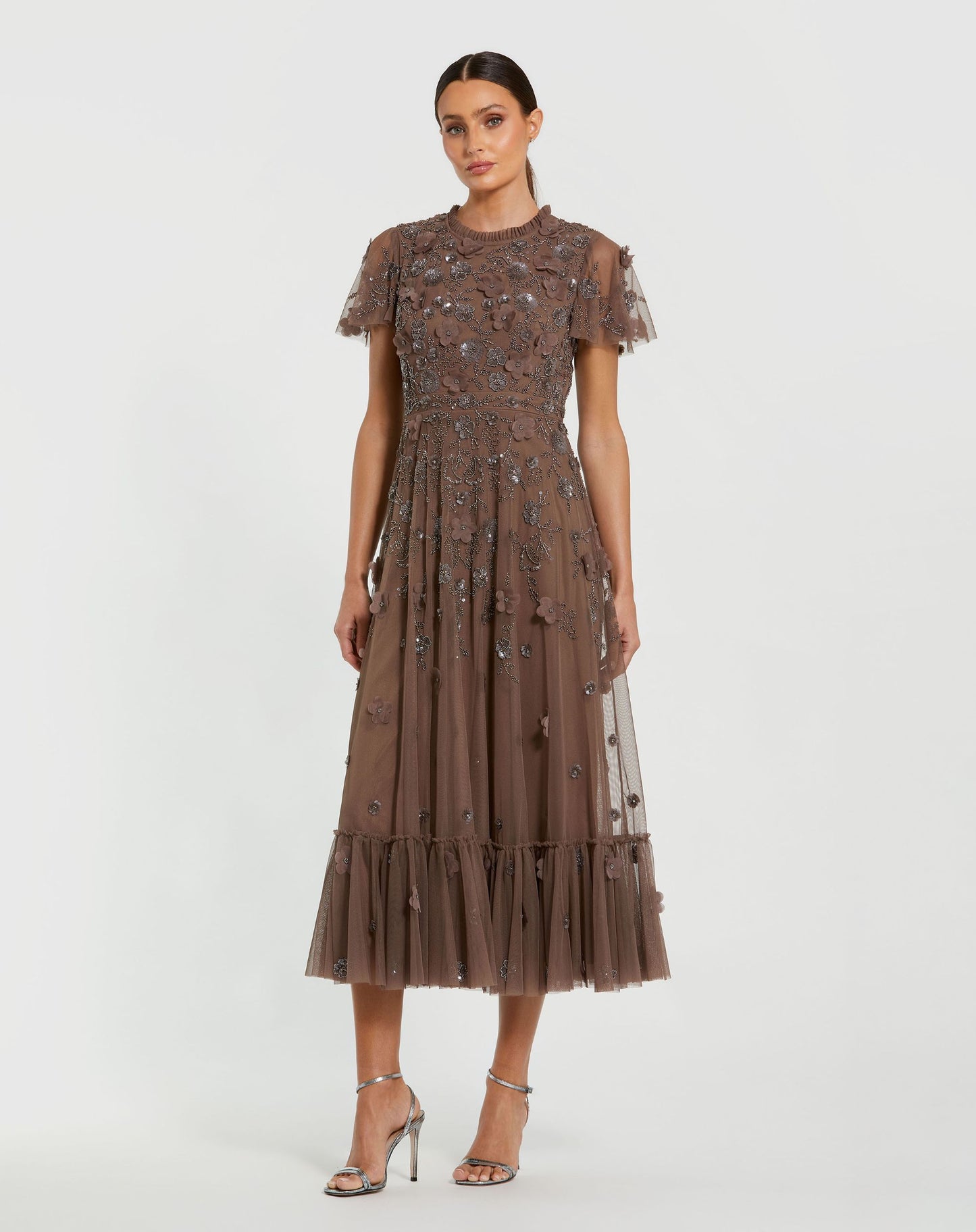 Brown Embellished High Neck Flutter Sleeve A Line Dress - Mac Duggal