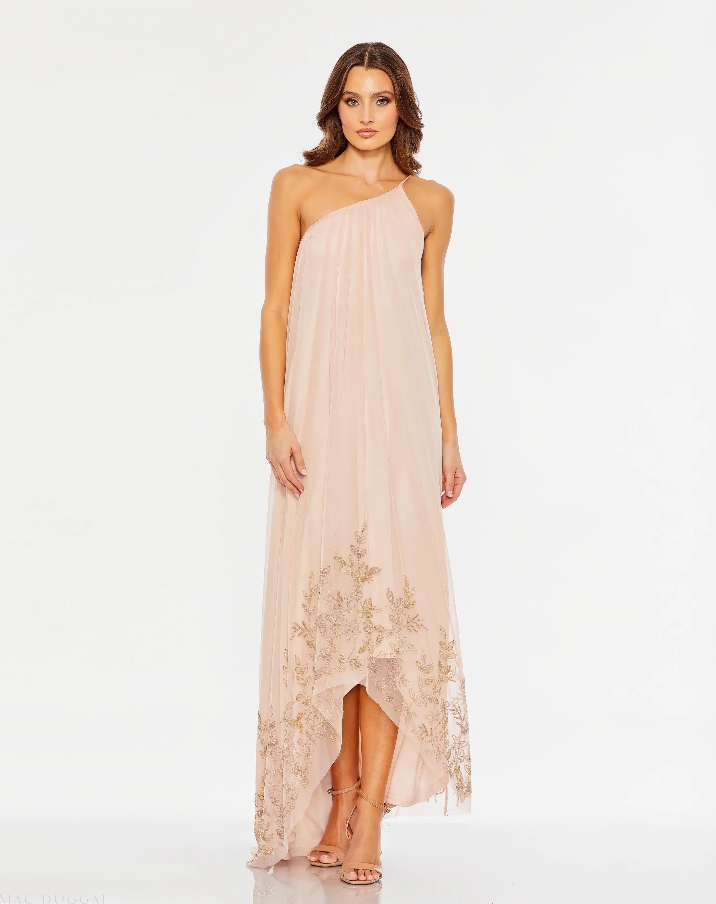 mac duggal one-shoulder asymmetrical flowy dress Ruffled One Shoulder Asymmetrical Gown
