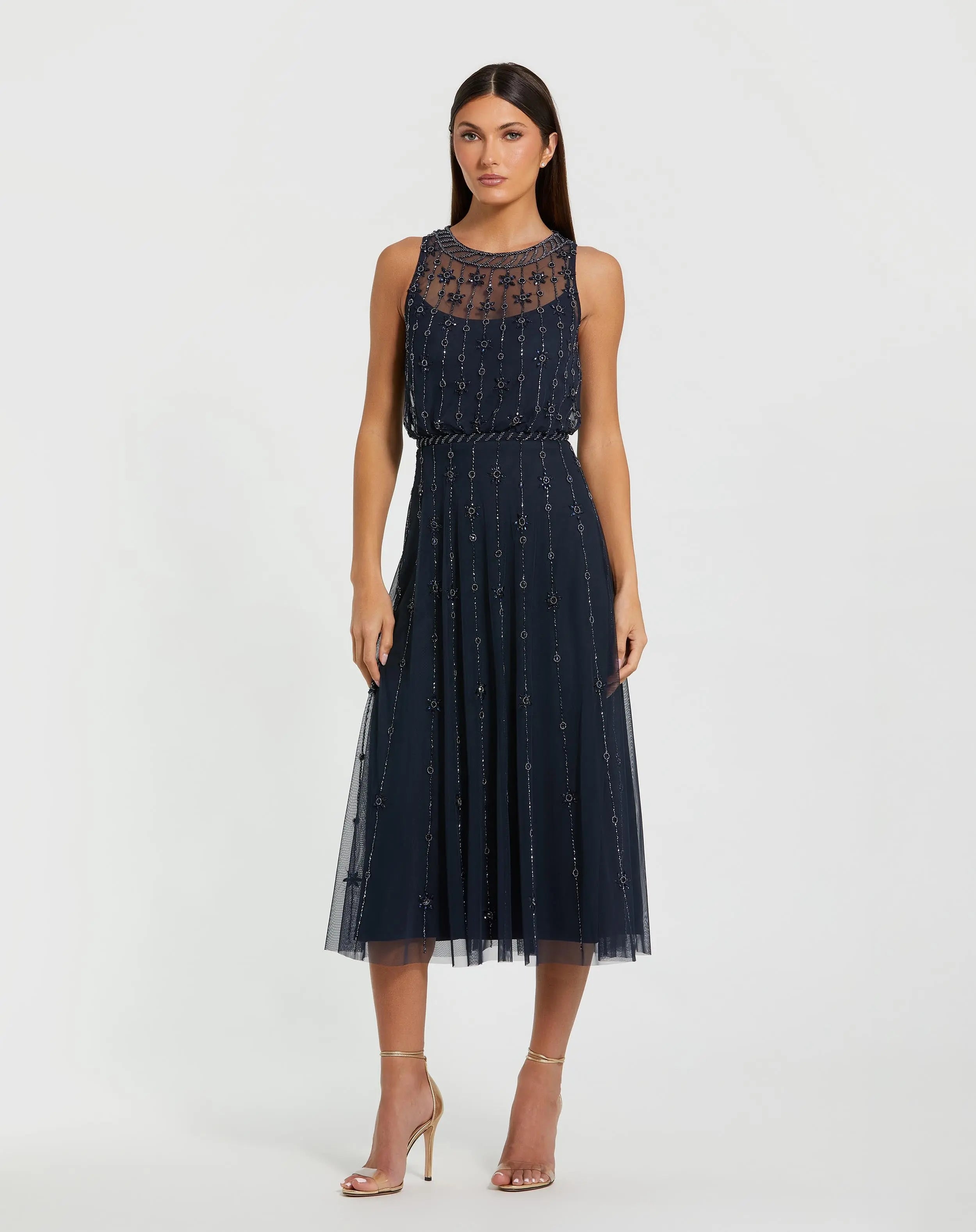 Navy High Neck Sleeveless Embellished A Line Cocktail Dress