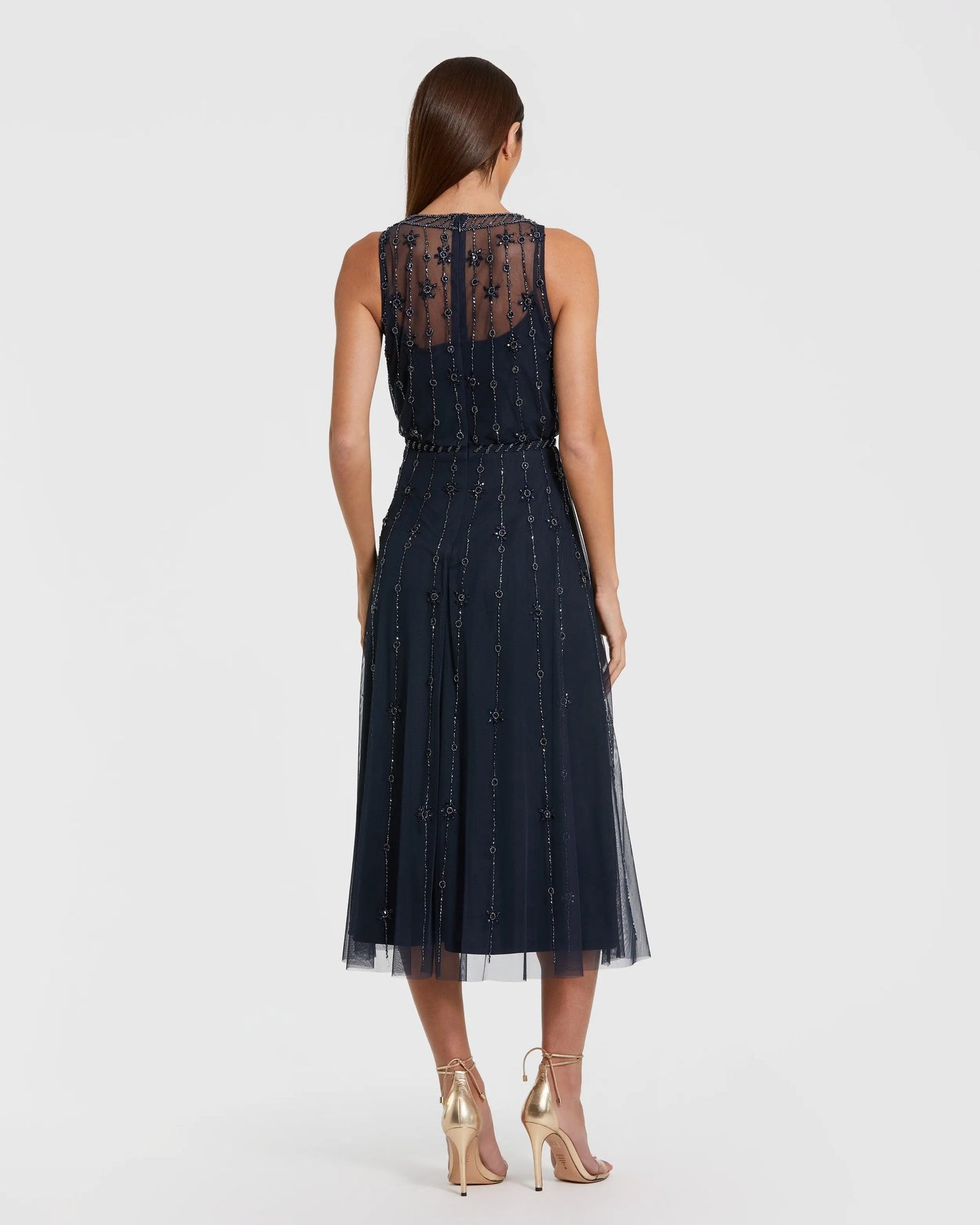 Navy High Neck Sleeveless Embellished A Line Cocktail Dress Mac Duggal