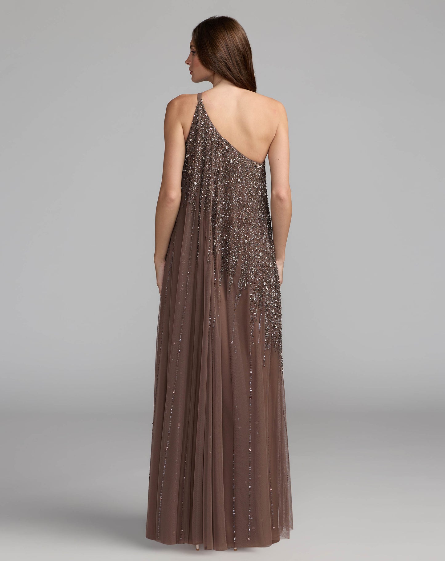 Brown One Shoulder Embellished Trapeze Gown Mac Duggal