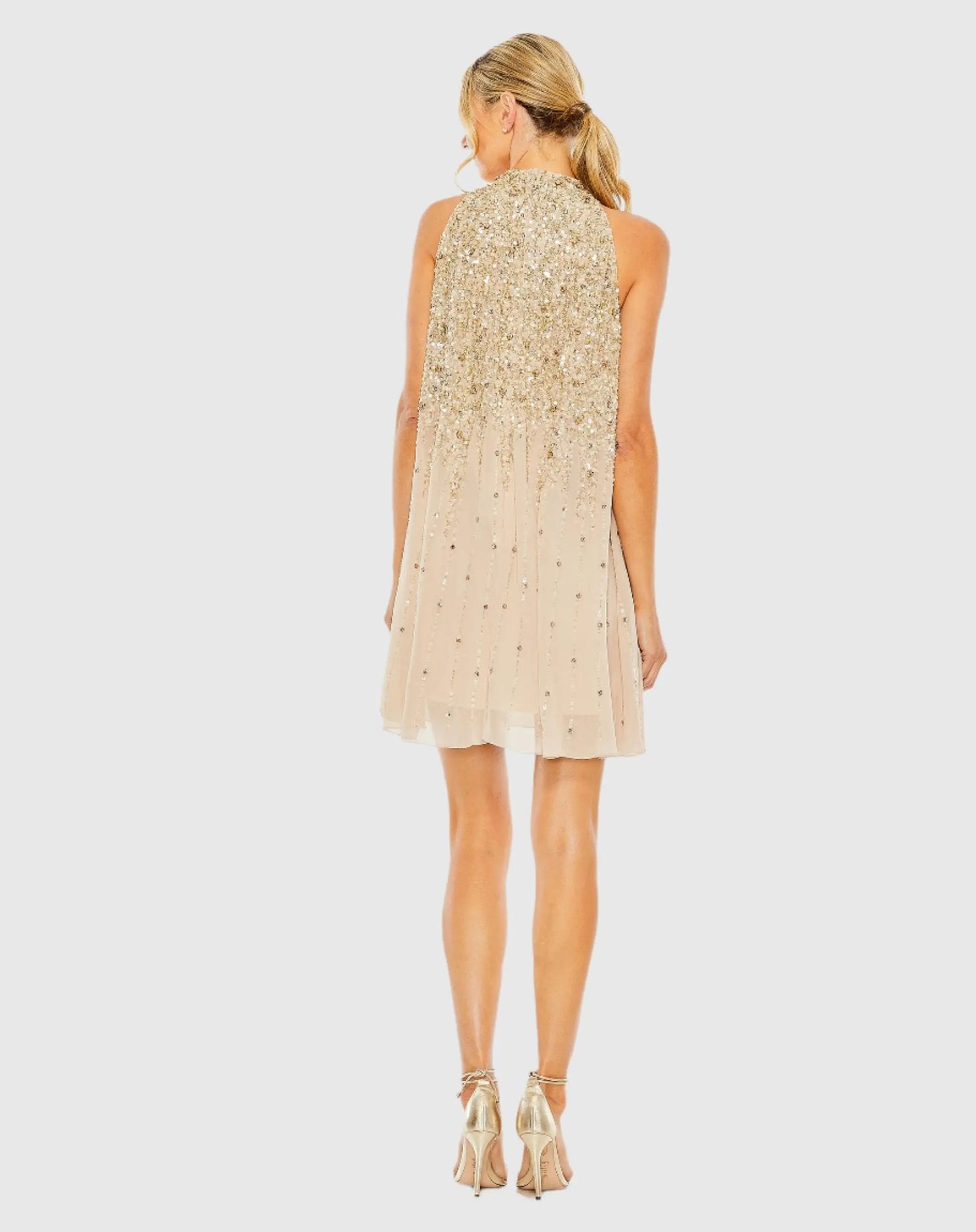 Beige High Neck Sleeveless Sequin Embellished Trapeze Dress - Mac Duggal