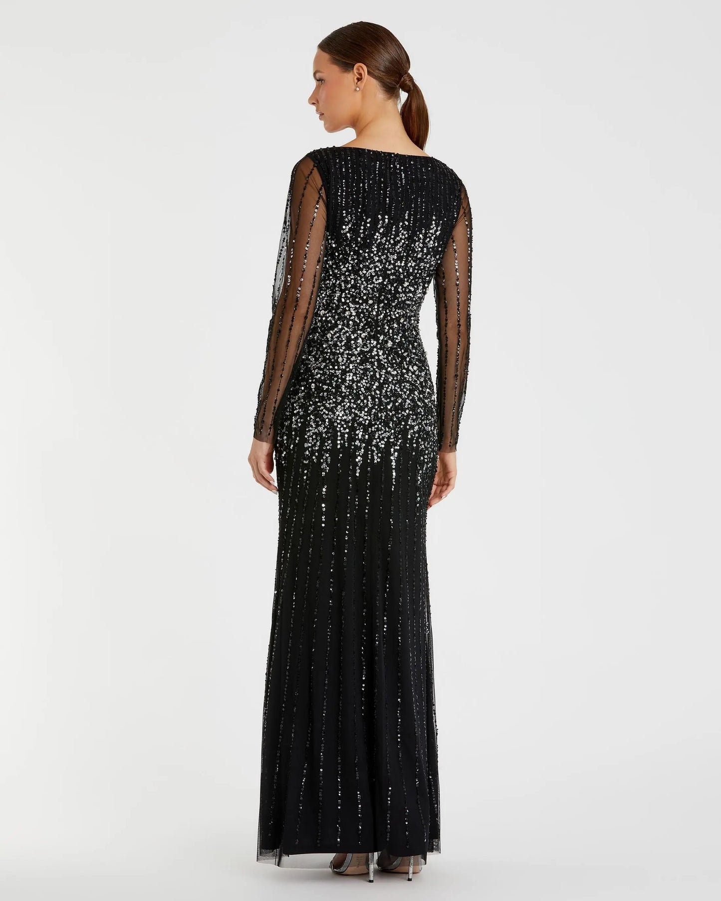 Black High Neck Sequin Embellished Long Sleeve A Line Gown - Mac Duggal