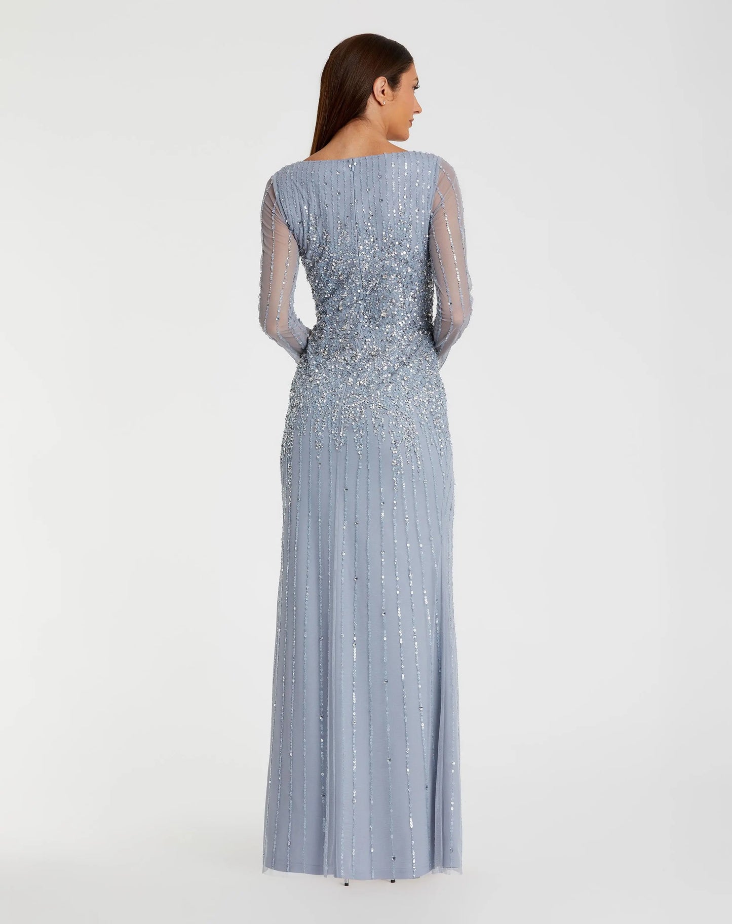 Blue High Neck Sequin Embellished Long Sleeve A Line Gown - Mac Duggal