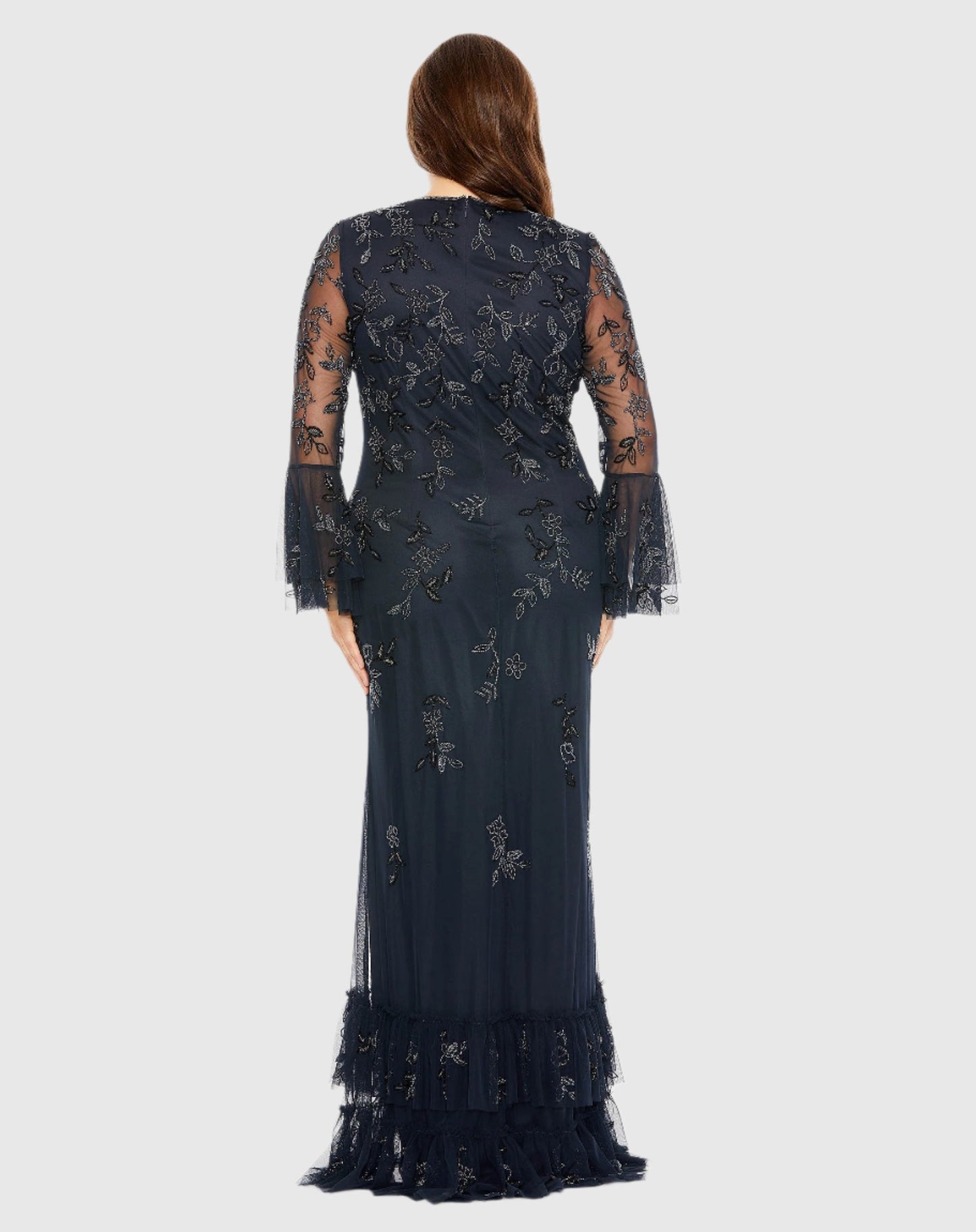 Navy V-neck Embellished Long Sleeve Gown - FINAL SALE Mac Duggal