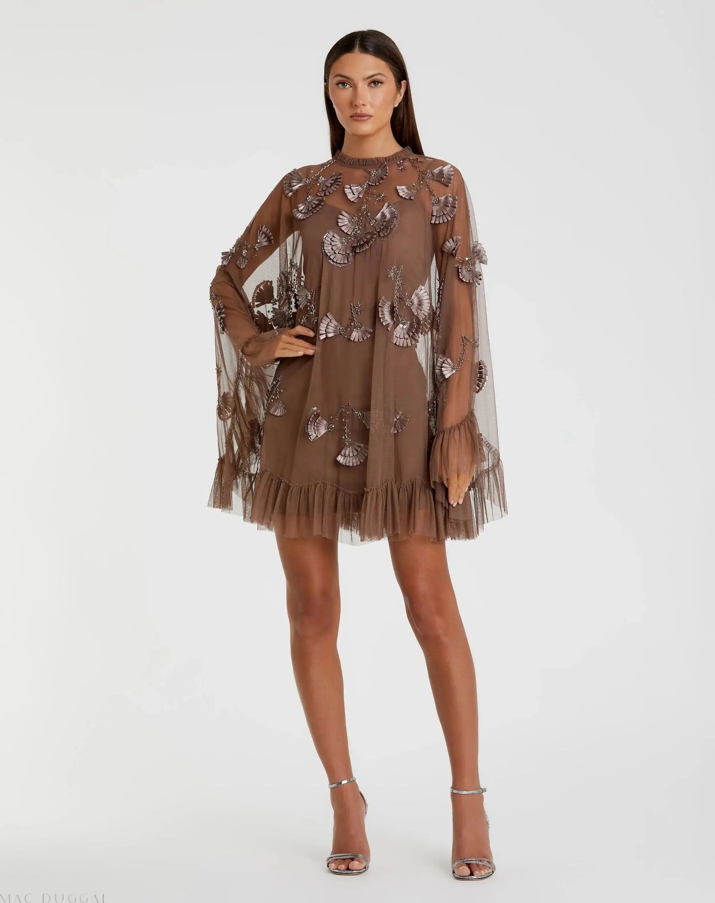 Brown Embellished Long Flare Sleeve Mesh A-Line Dress - Mac Duggal