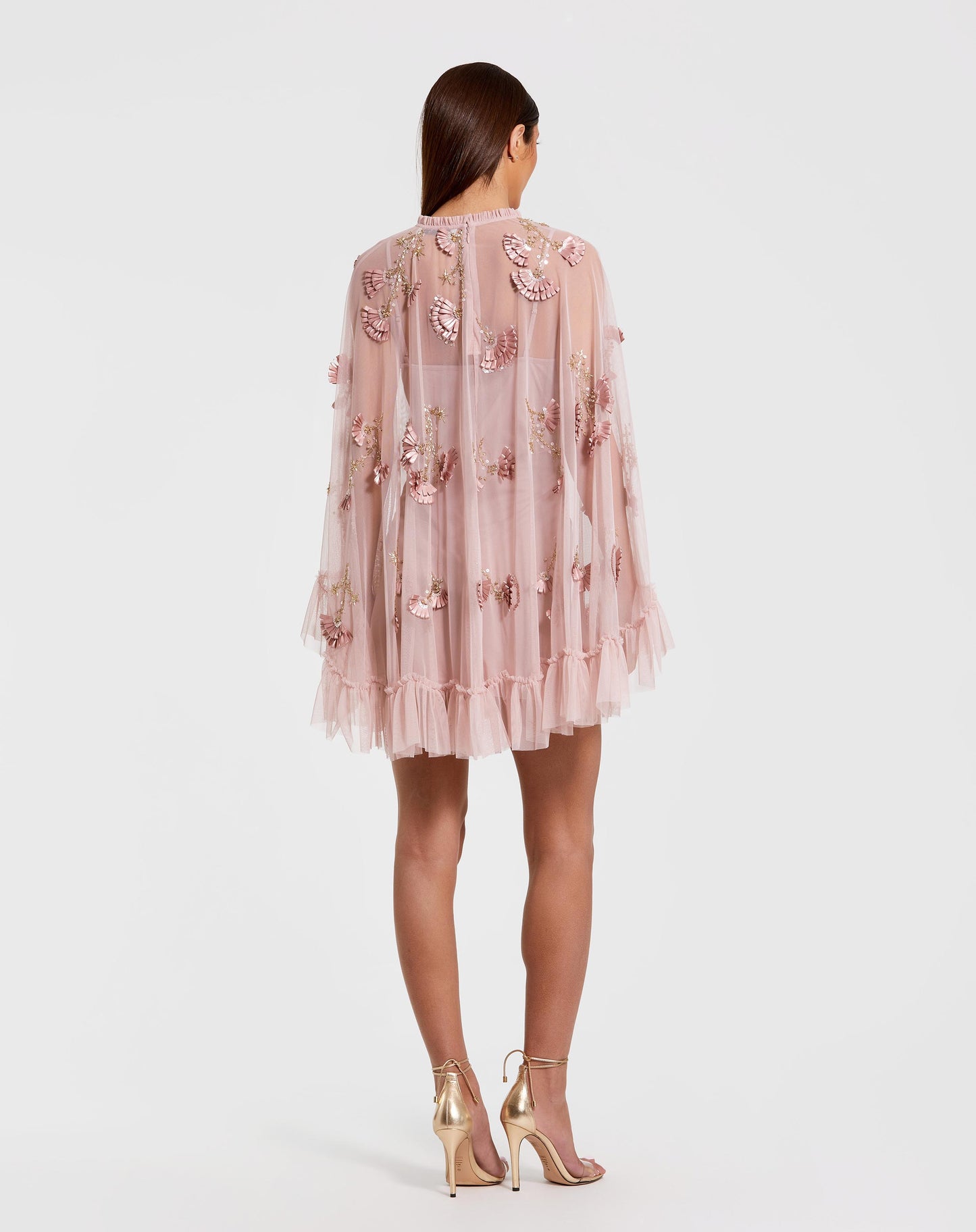 Pink Embellished Long Sleeve Trapeze Dress with Ruffle Hem - Mac Duggal
