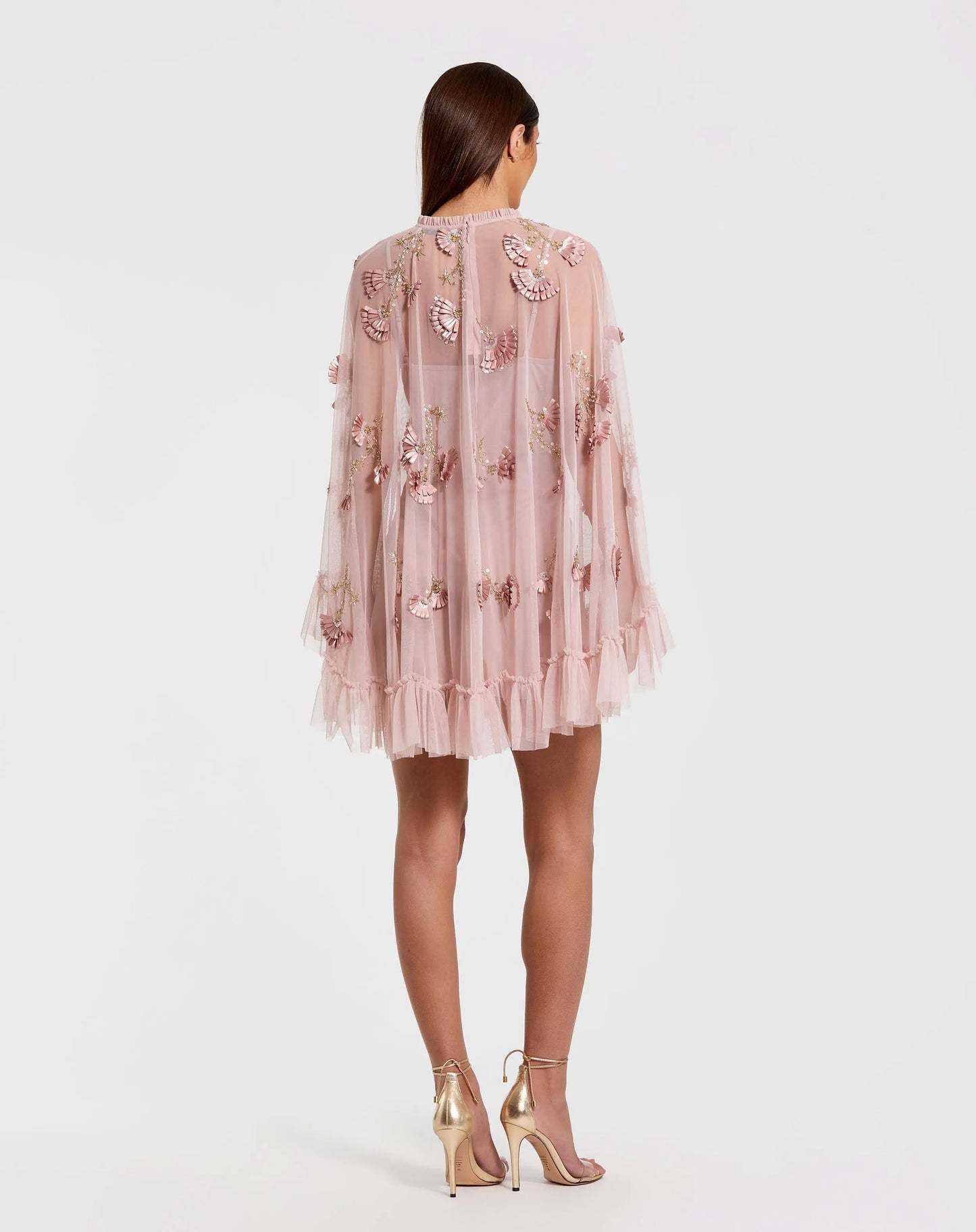 Pink Embellished Long Sleeve Trapeze Dress with Ruffle Hem - Mac Duggal