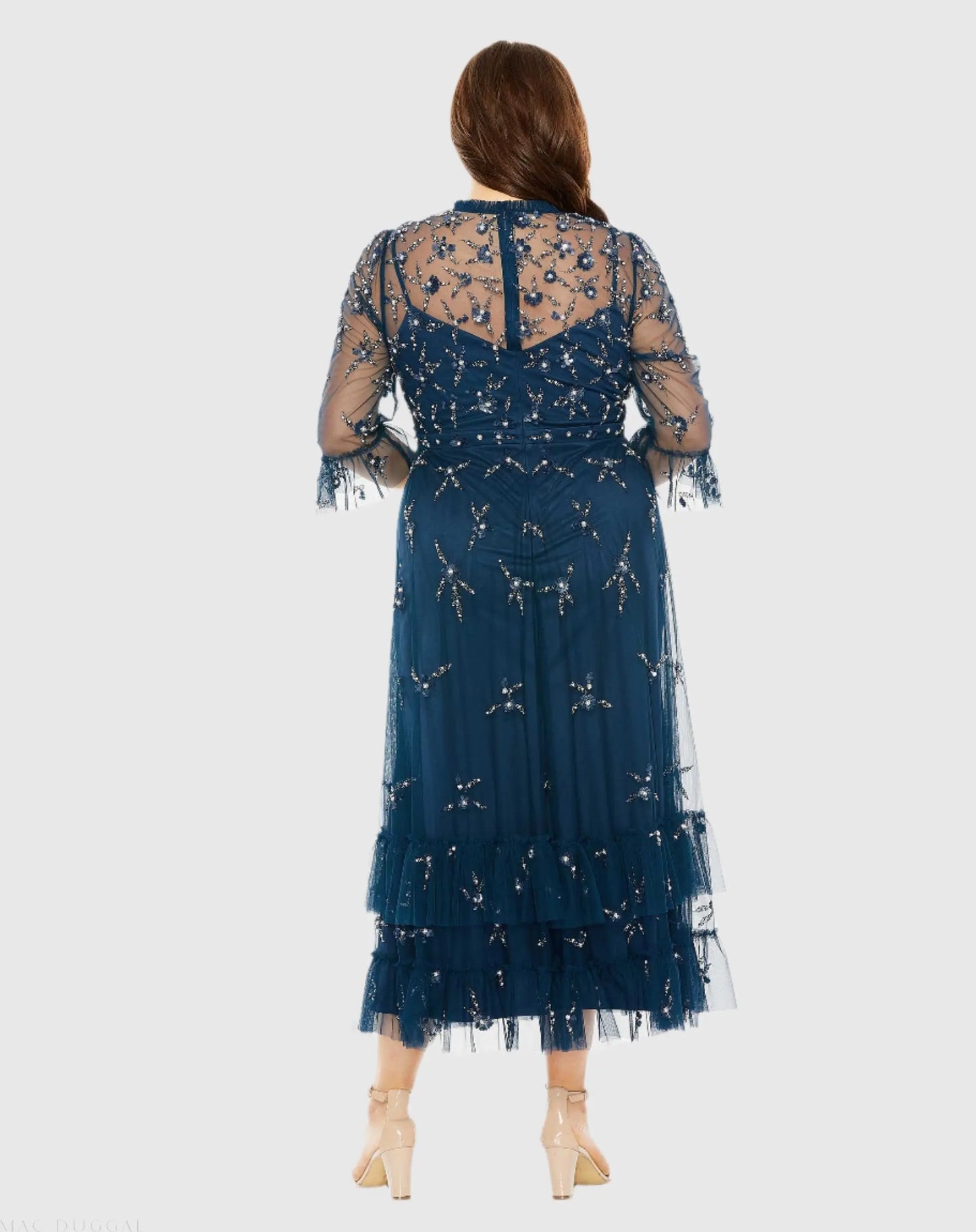 Blue High Neck Embellished Flutter Half Length Sleeve Dress - Mac Duggal