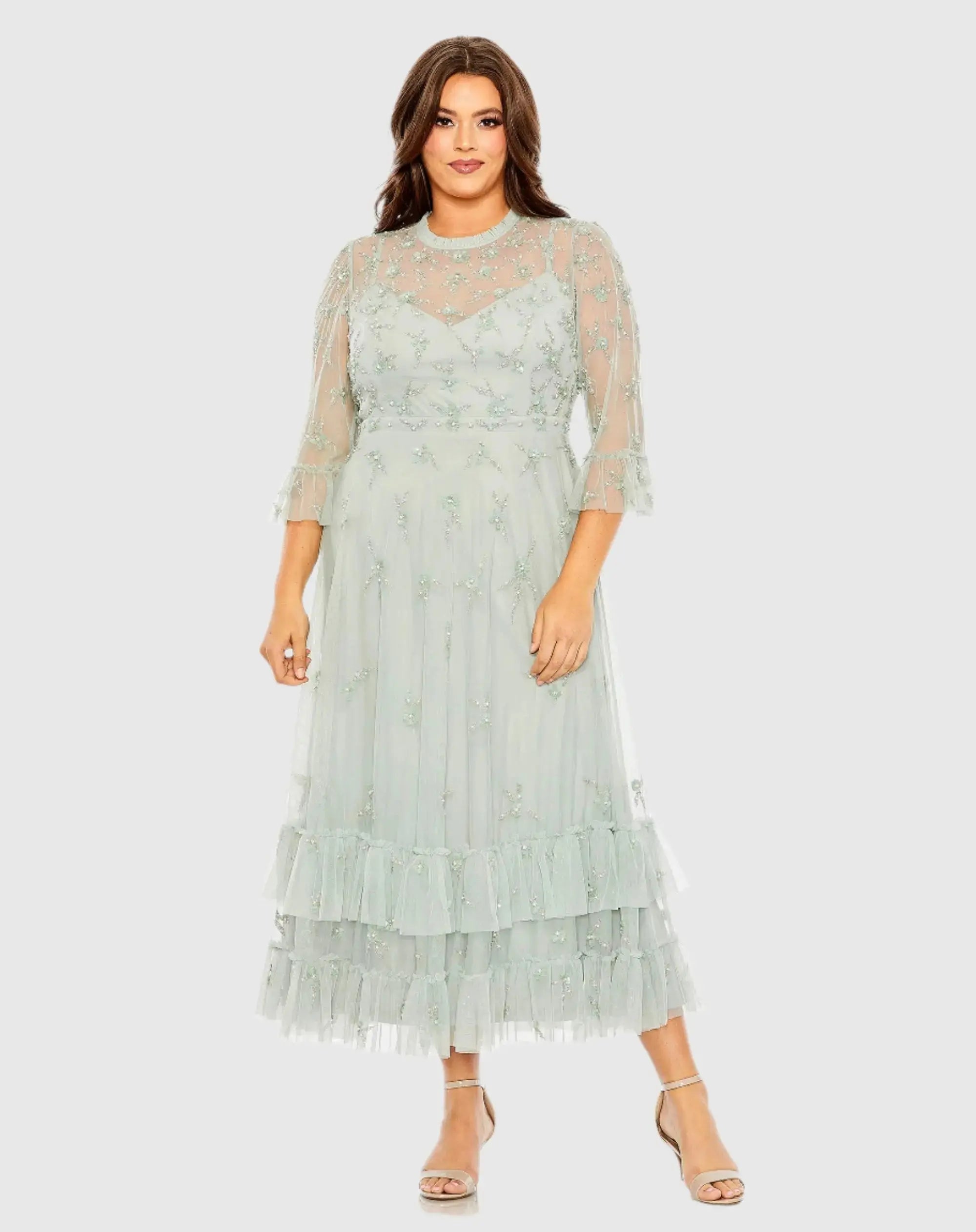 Mac Duggal Plus Flutter Sleeve Embellished High Neck Dress - Sage Mac Duggal Plus Flutter Sleeve Embellished High Neck Dress - Sage