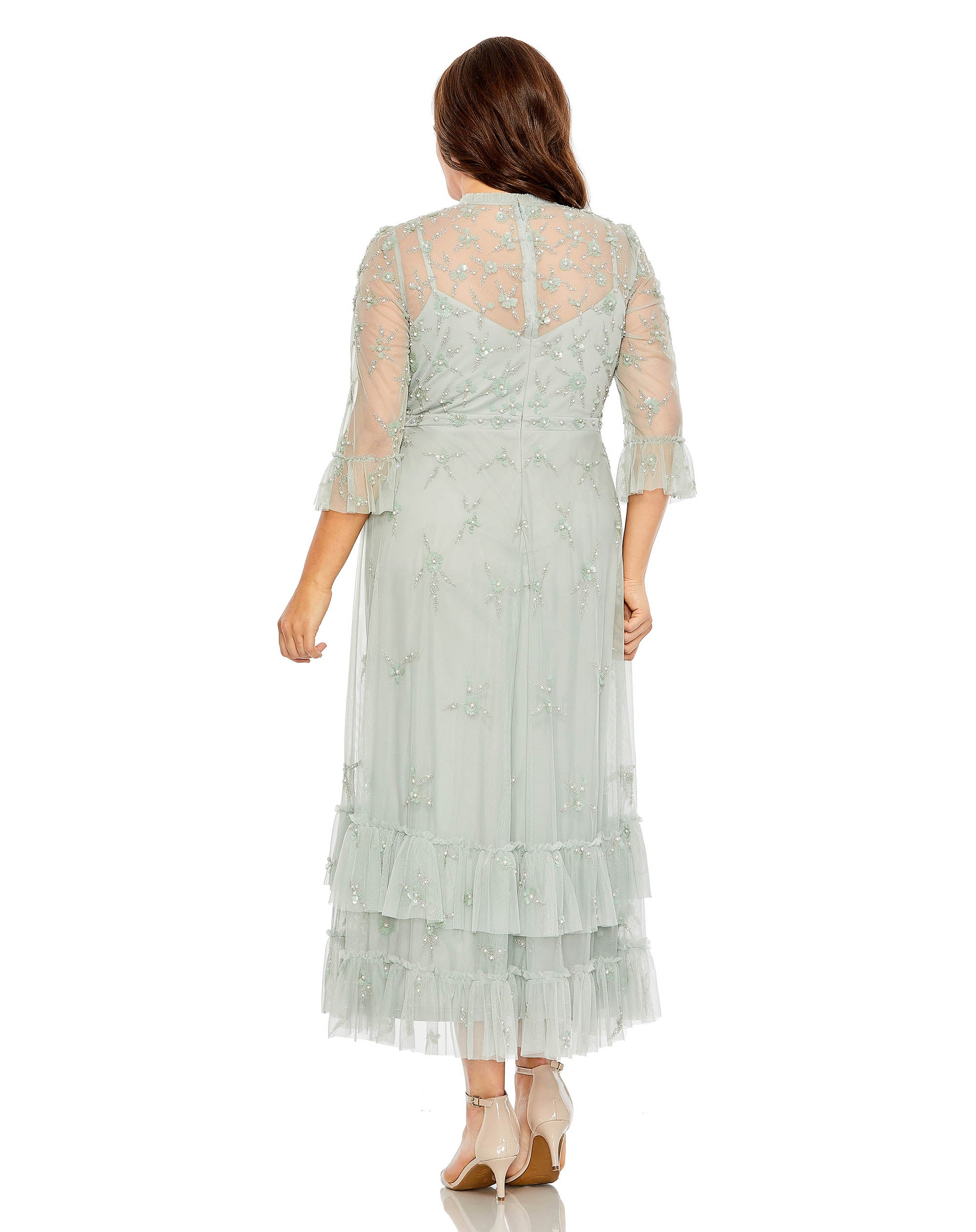 High Neck Embellished Flutter Half Length Sleeve Dress