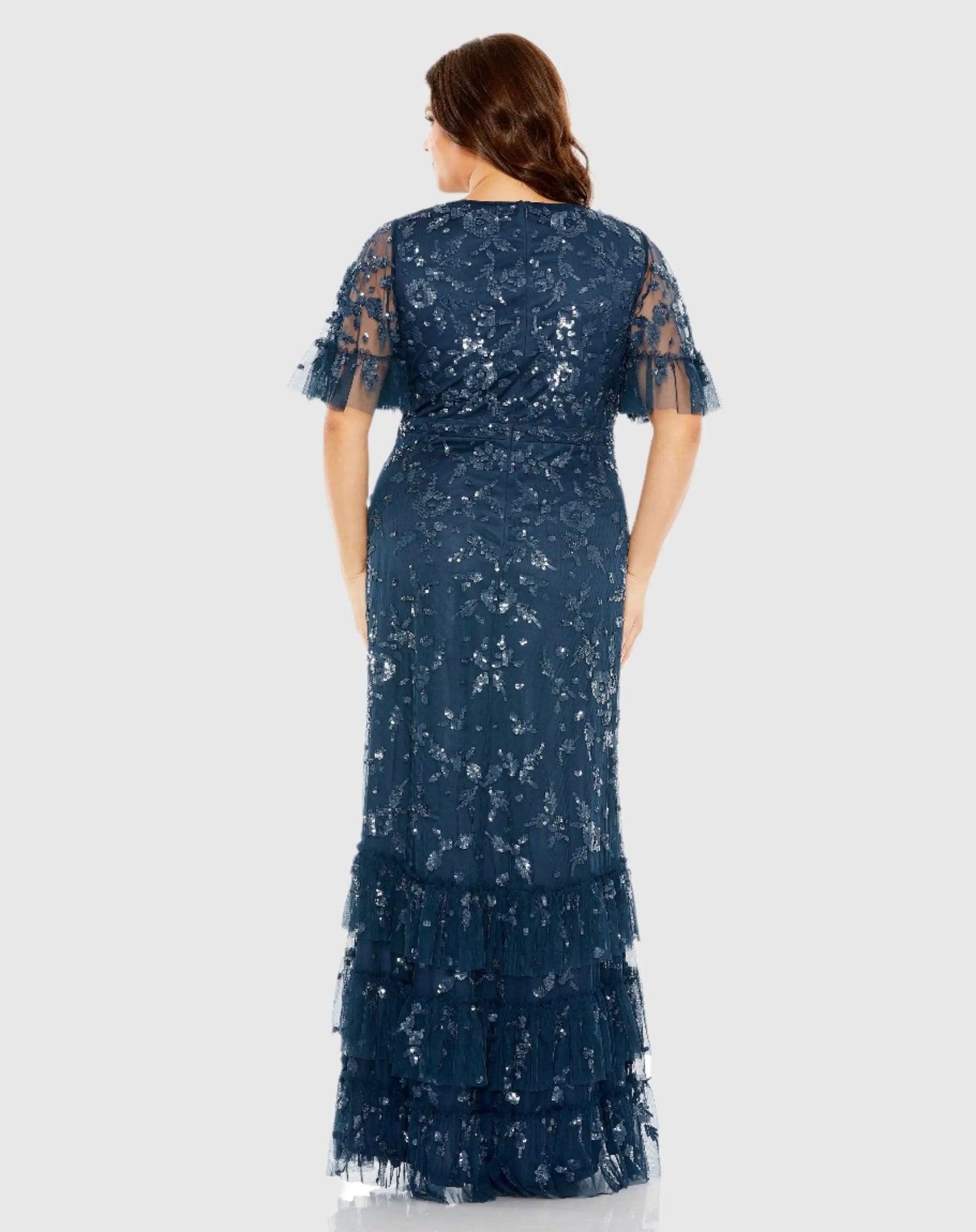 Navy Sequin Embellished Flutter Sleeve Faux Wrap V-Neck Tiered Gown - Mac Duggal