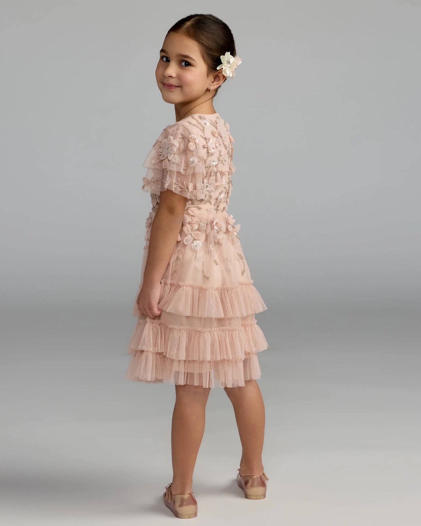 Girls Pink Embellished Flutter Sleeve Ruffle Gown Mac Duggal