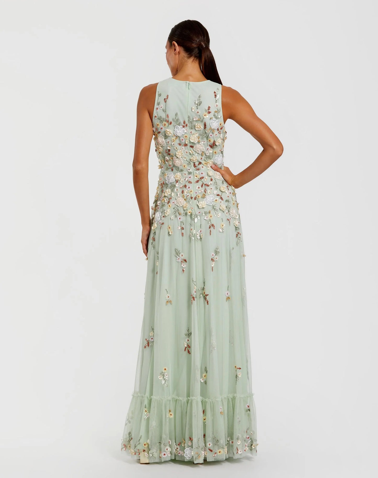 Green Floral Embellished High Neck Sleeveless Gown - Mac Duggal