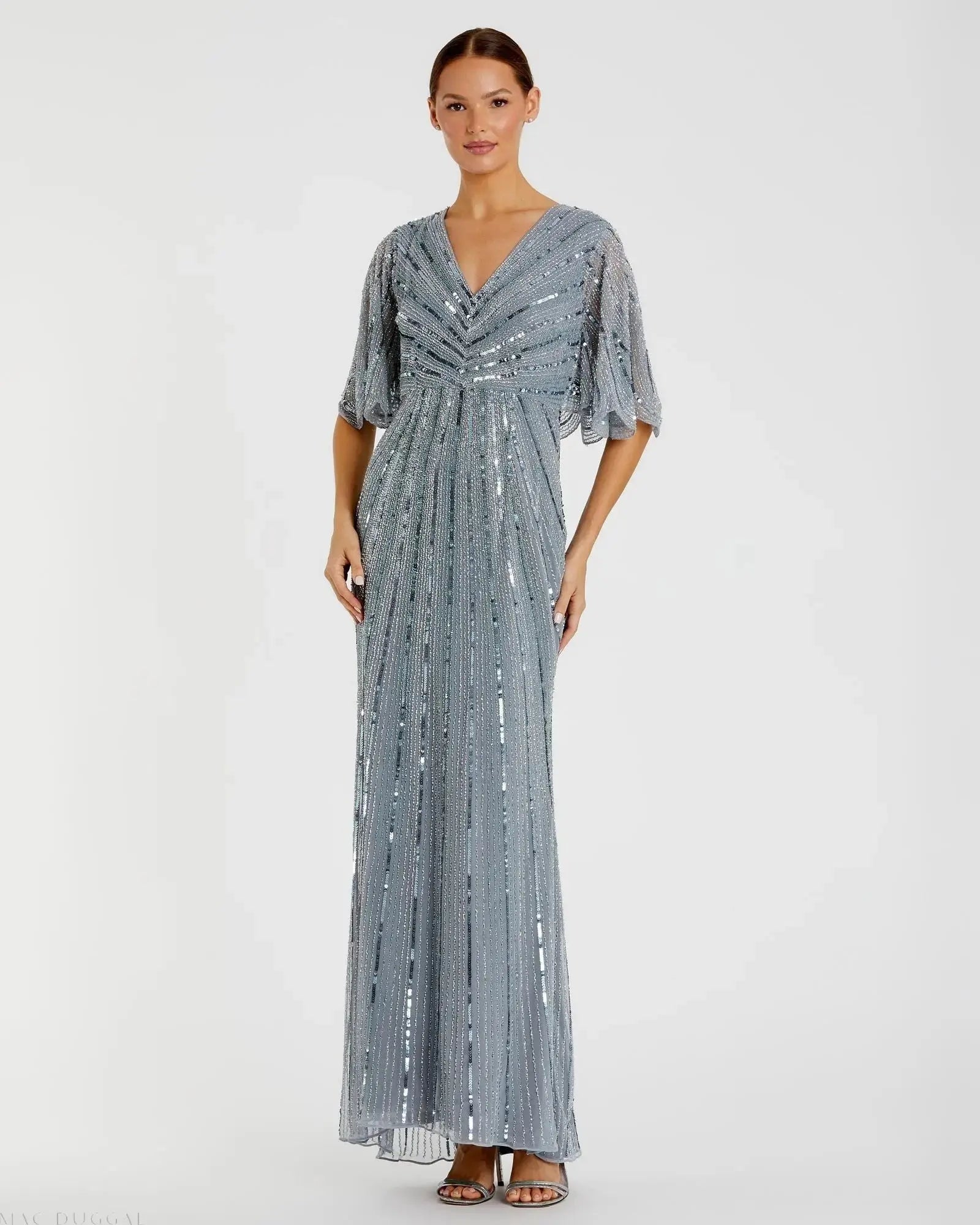 mac duggal blue sequin dress Blue Gathered Short Sleeve Embellished Gown