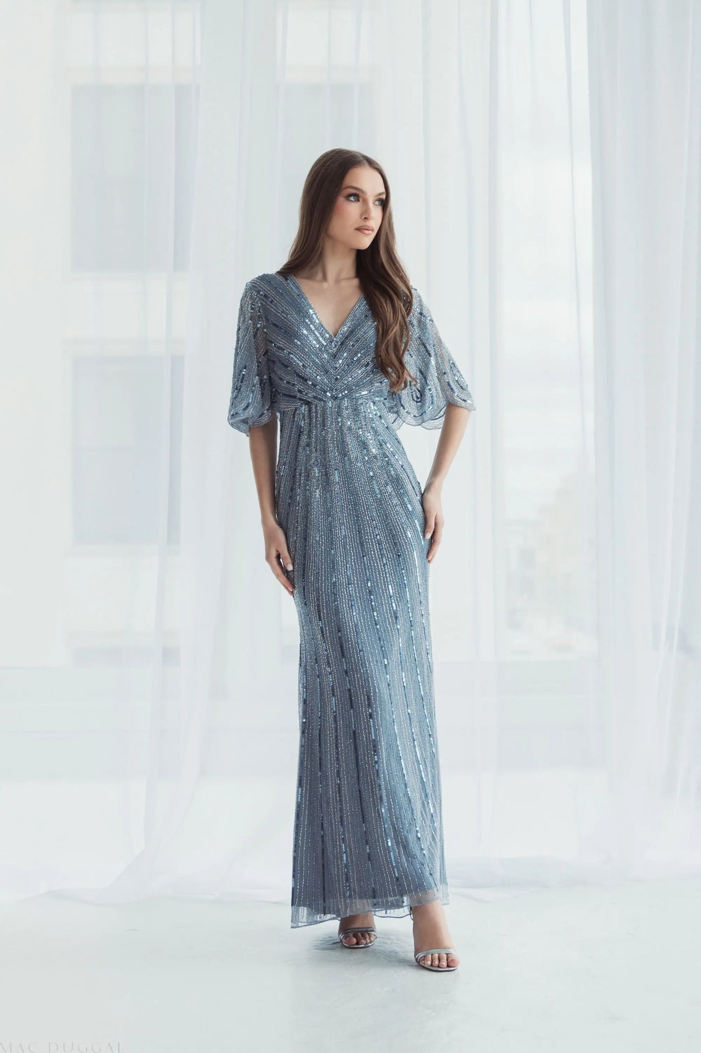 Blue Sequined V Neck Cape Sleeve Gown - Mac Duggal