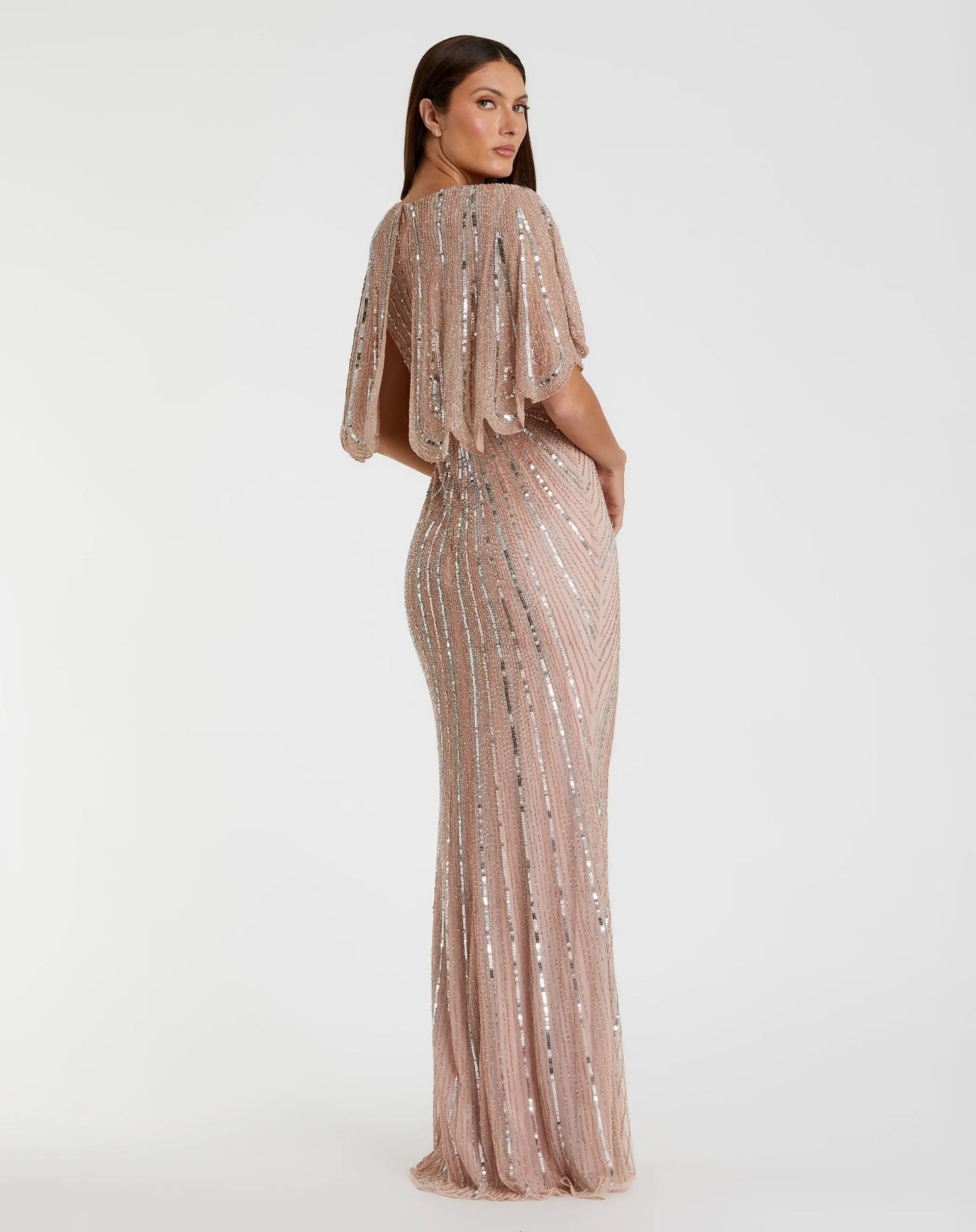 Pink Sequined V Neck Cape Sleeve Column Gown - Mac Duggal