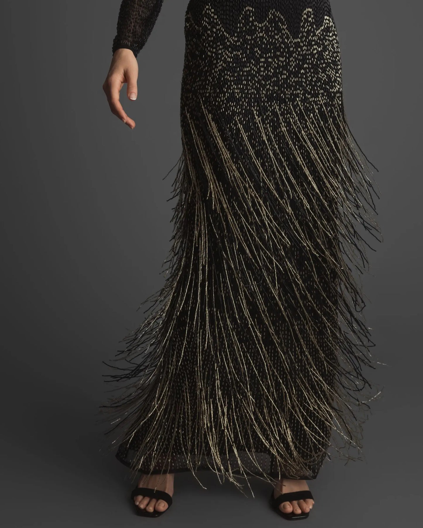 Black Long Sleeve Beaded Fringe Evening Gown - Mac Duggal