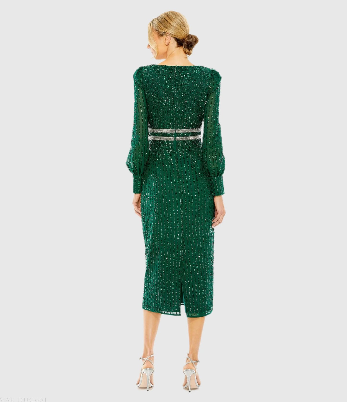 Green Sequined V Neck Bishop Sleeve Dress - Mac Duggal
