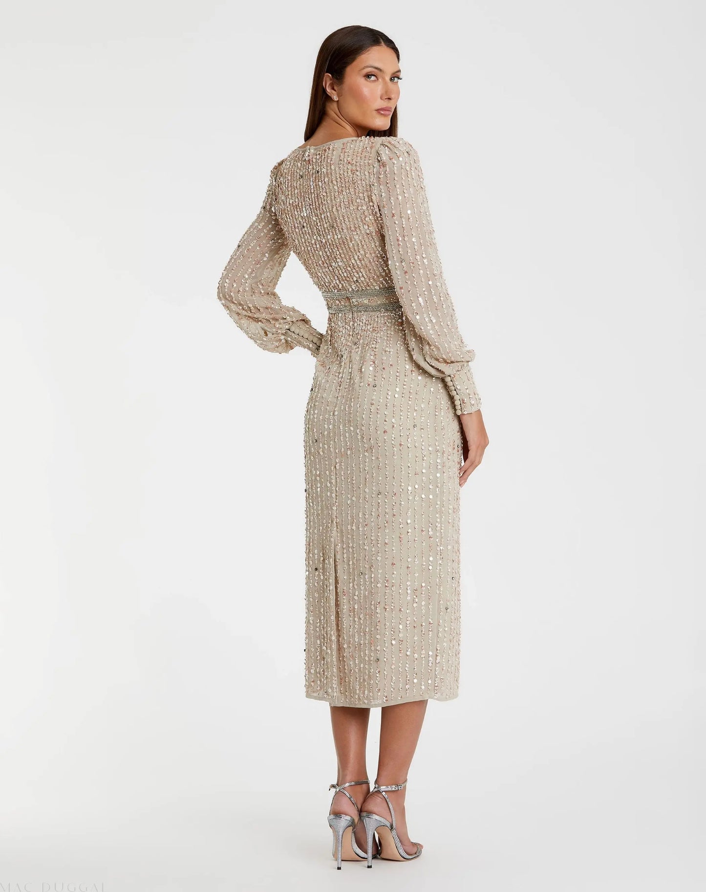 Beige Sequined V Neck Bishop Sleeve Dress - Mac Duggal