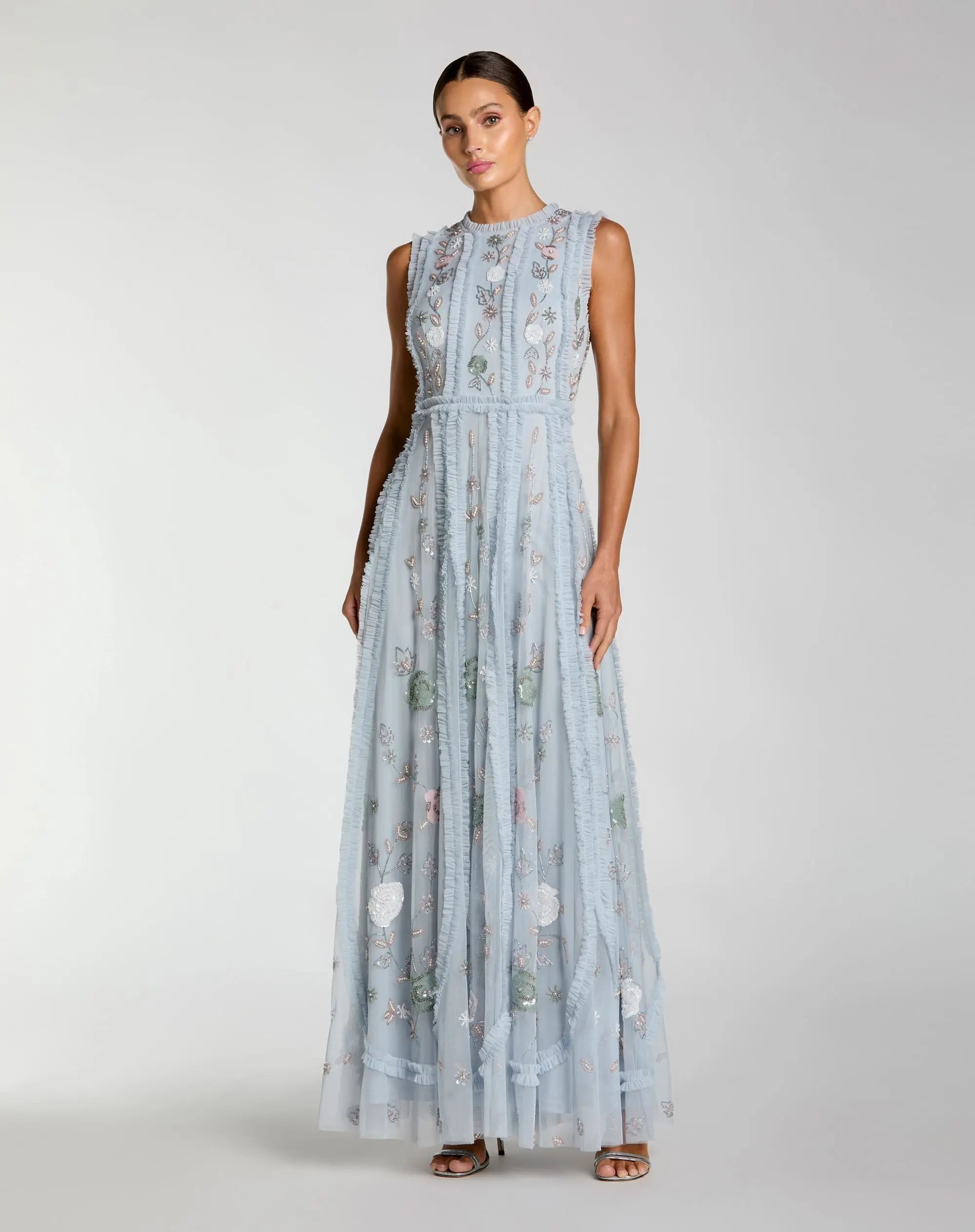 Blue Floral Mesh Sleeveless A Line Micro Ruffle Gown | Mac Duggal Blue Floral Mesh Sleeveless A Line Micro Ruffle Gown | Mac Duggal