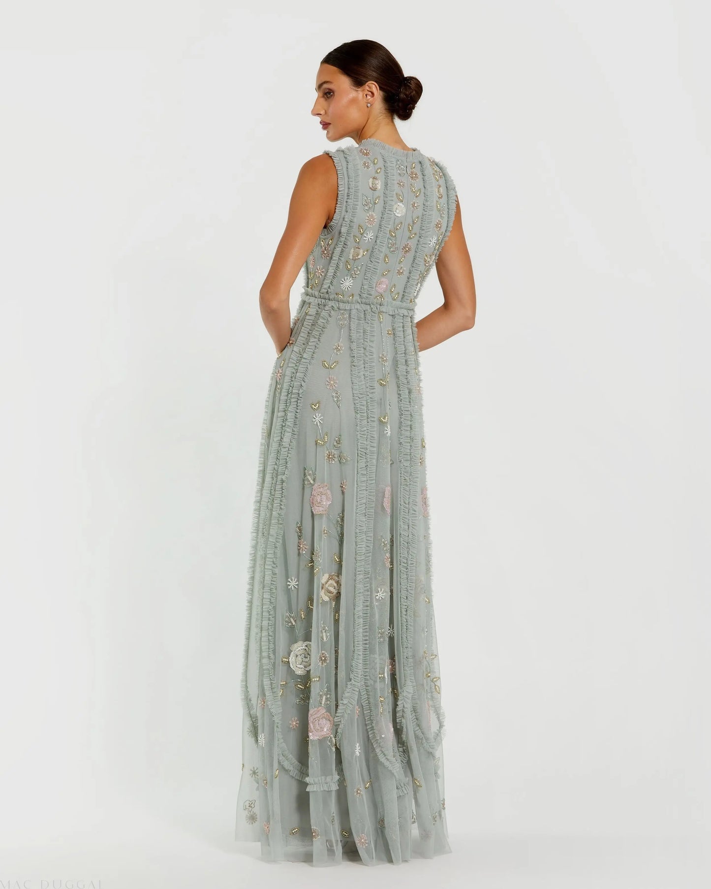 Green Floral Mesh Sleeveless A Line Micro Ruffle Gown - Mac Duggal