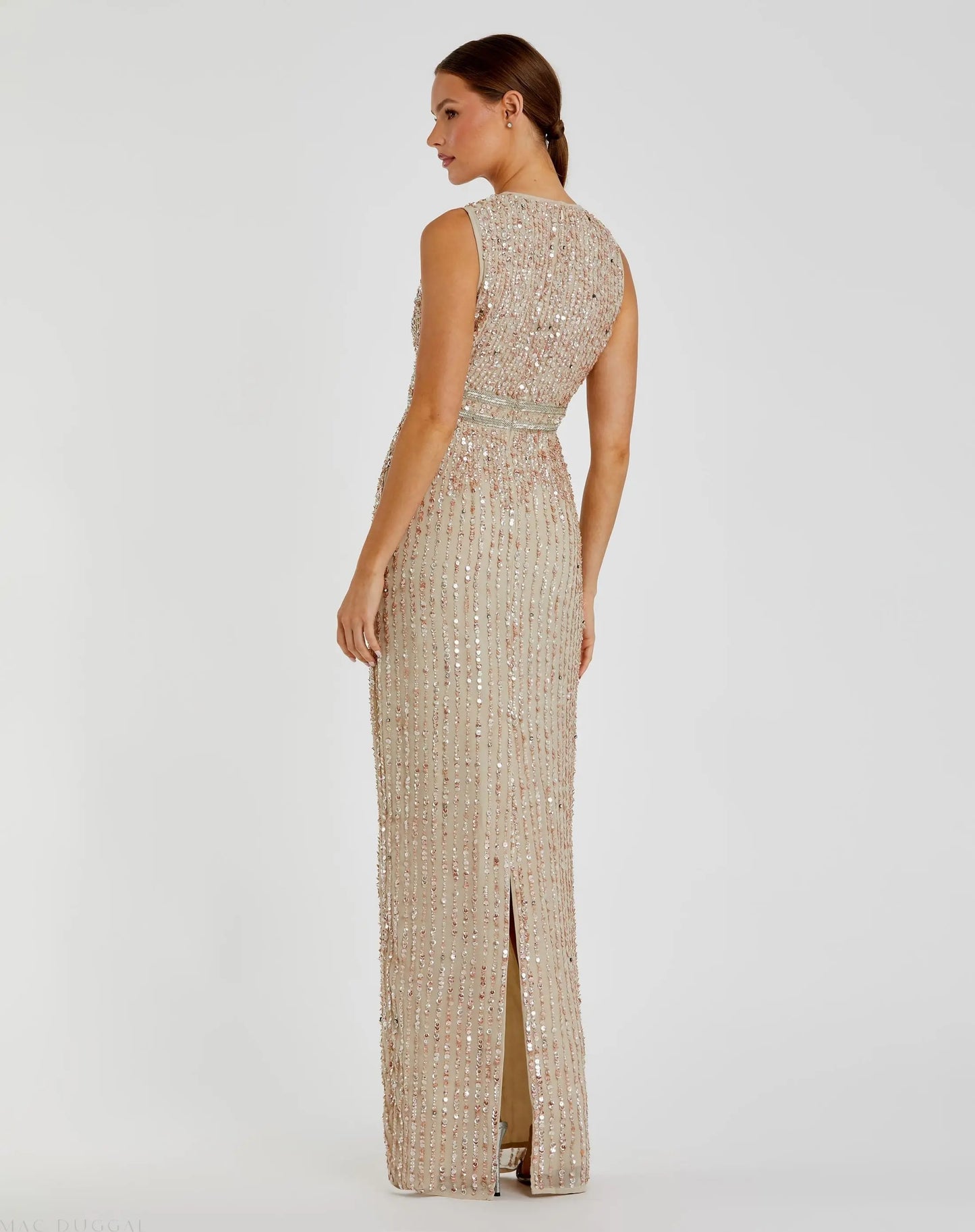 Beige Sequined High Neck Sleeveless Column Gown - Mac Duggal