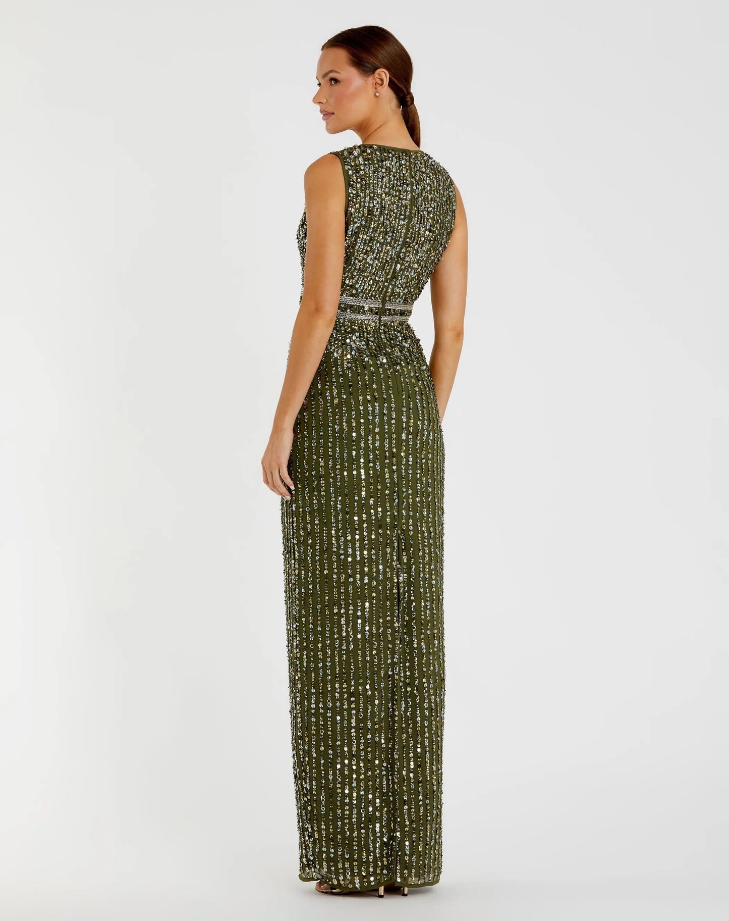 Green Sequined High Neck Sleeveless Column Gown Mac Duggal
