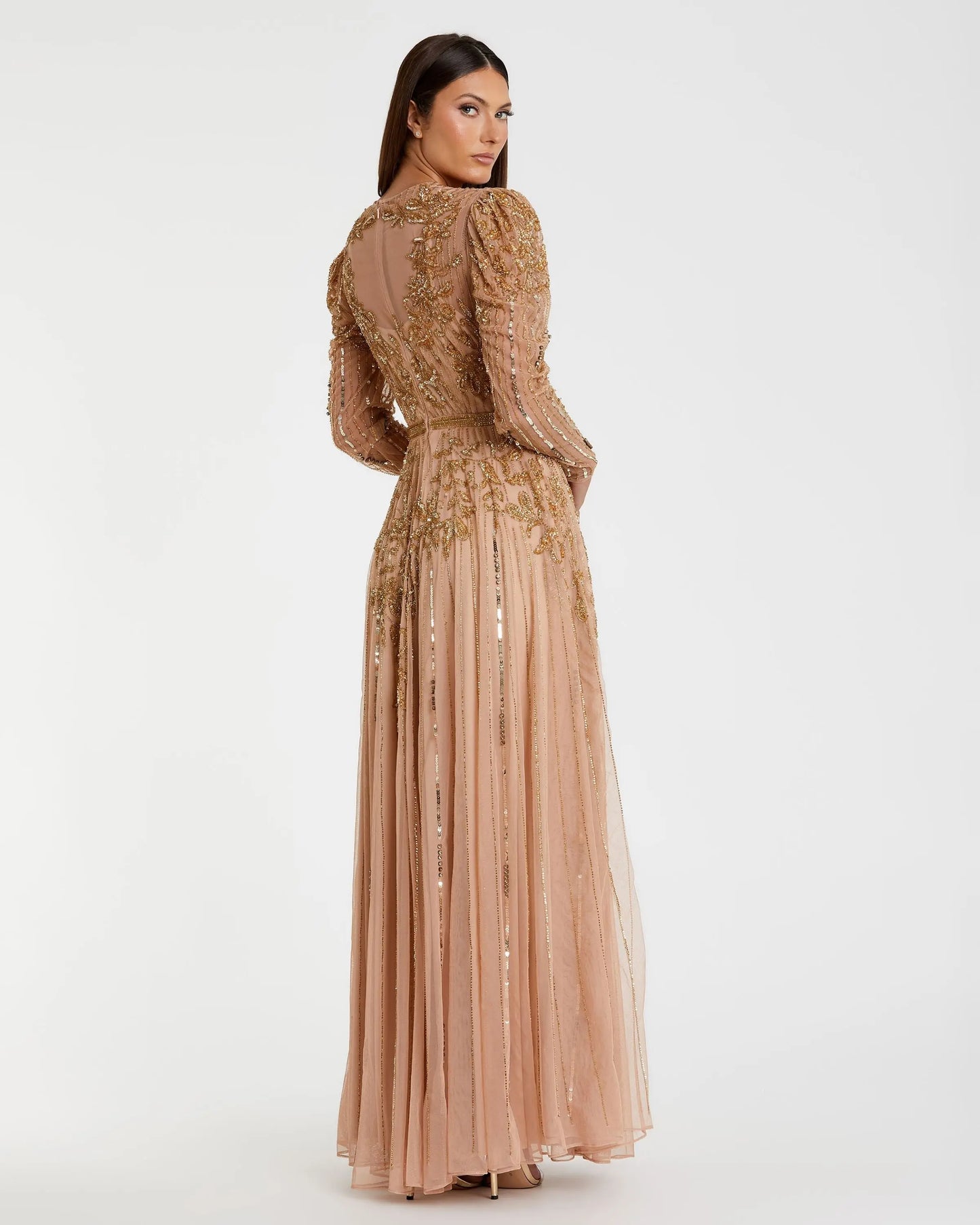 Pink and Gold Beaded Illusion Puff Sleeve Gown - Mac Duggal