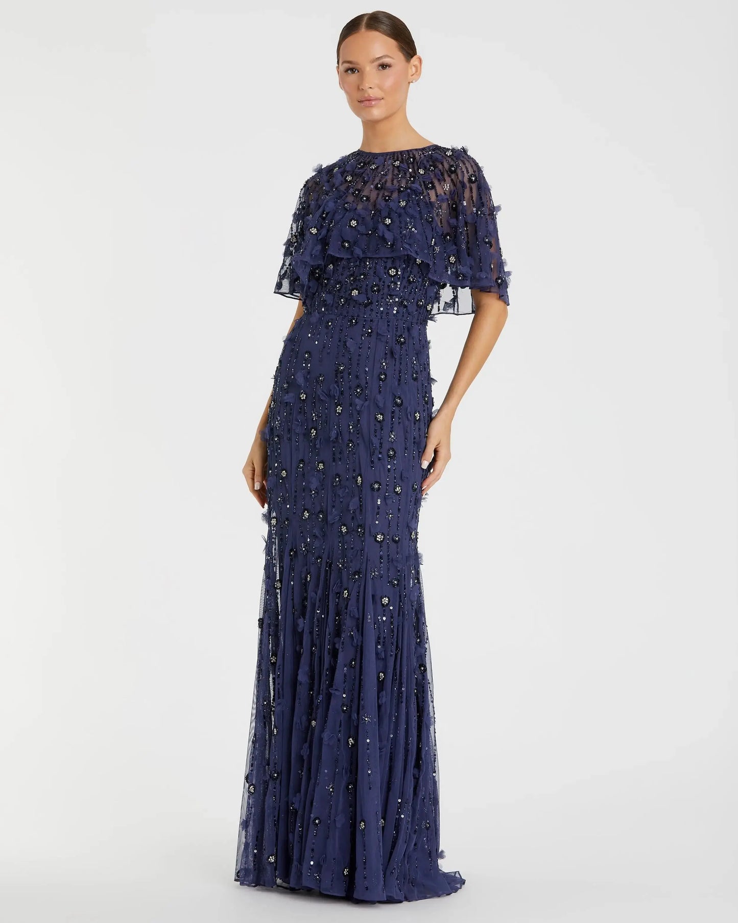 Navy Embellished Illusion Cape Sleeve Trumpet Gown - Mac Duggal