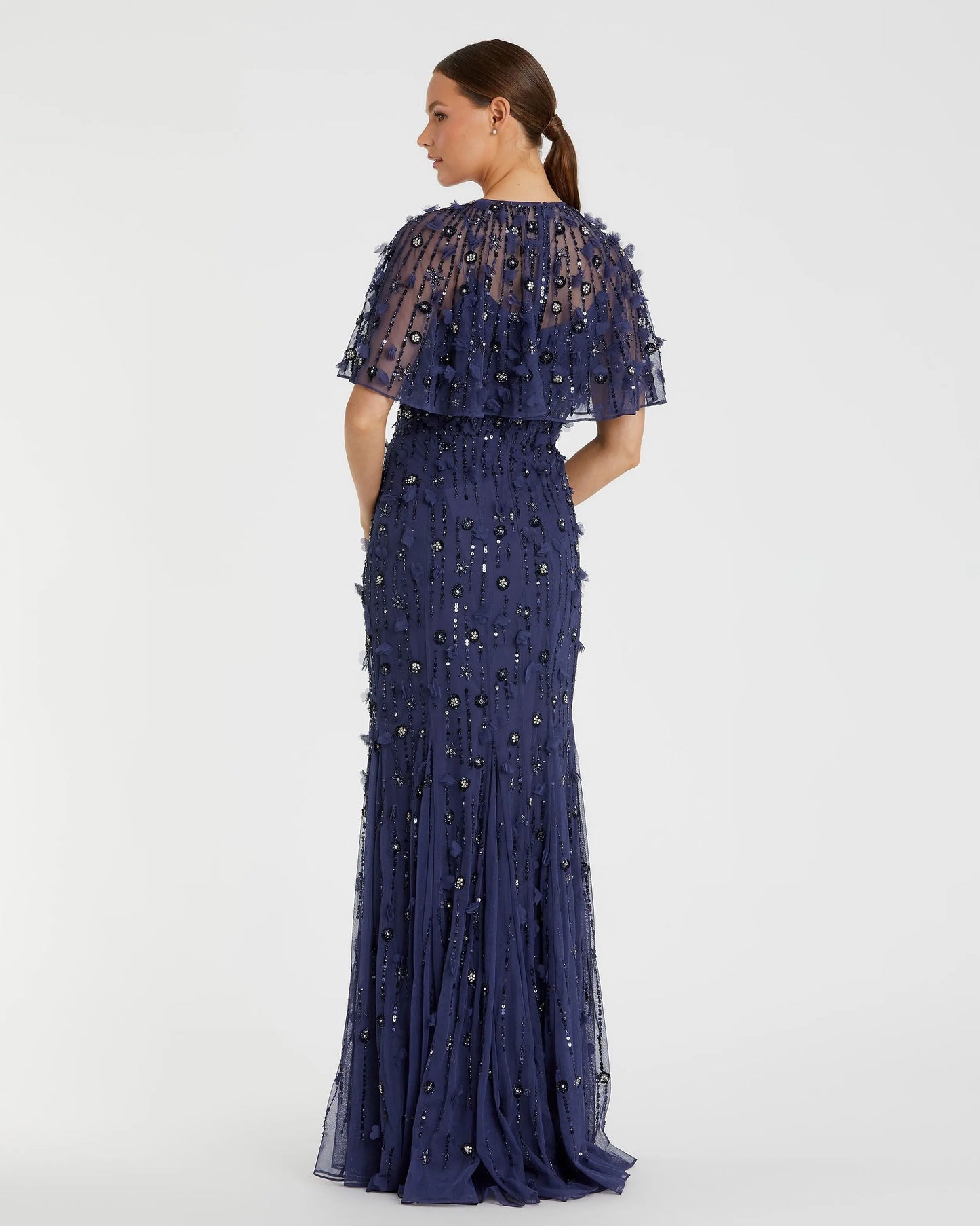 Navy Embellished Illusion Cape Sleeve Trumpet Gown - Mac Duggal