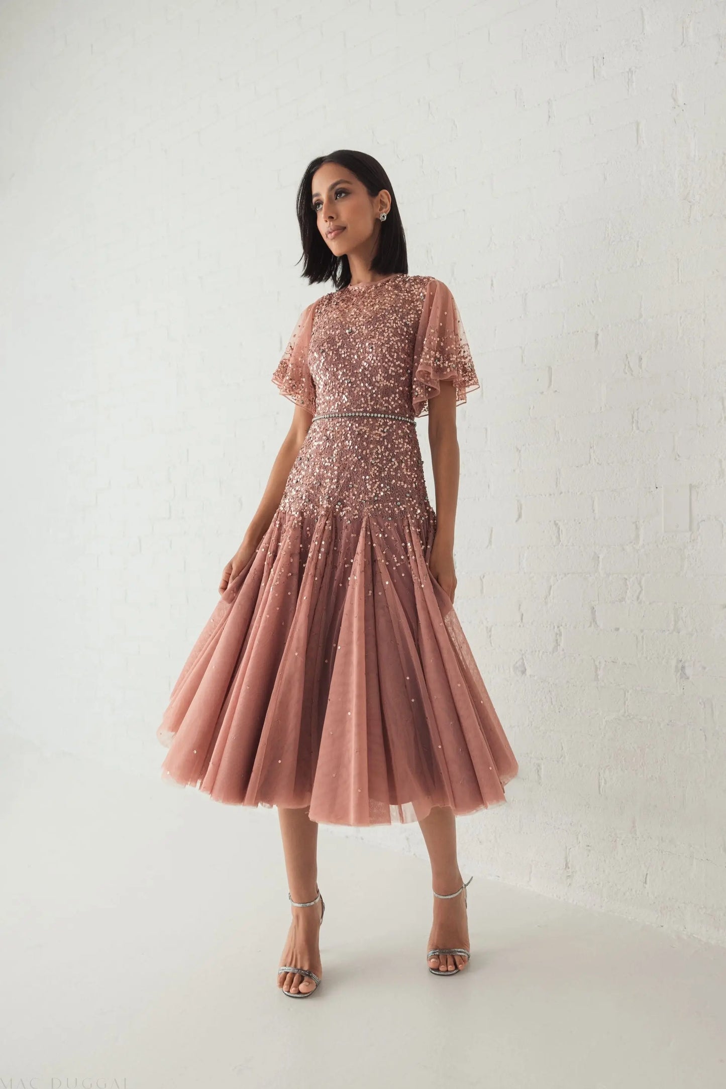 Pink Cape Sleeve Beaded Tea Length Drop Waist Dress - Mac Duggal