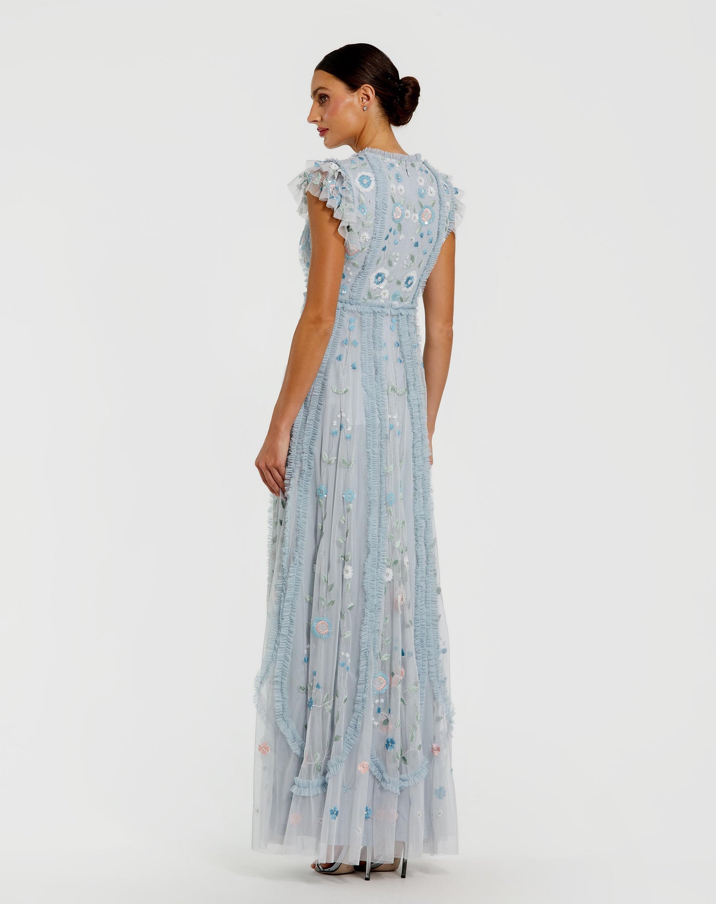 Blue Floral Embroidered Ruffle A Line Gown Mac Duggal
