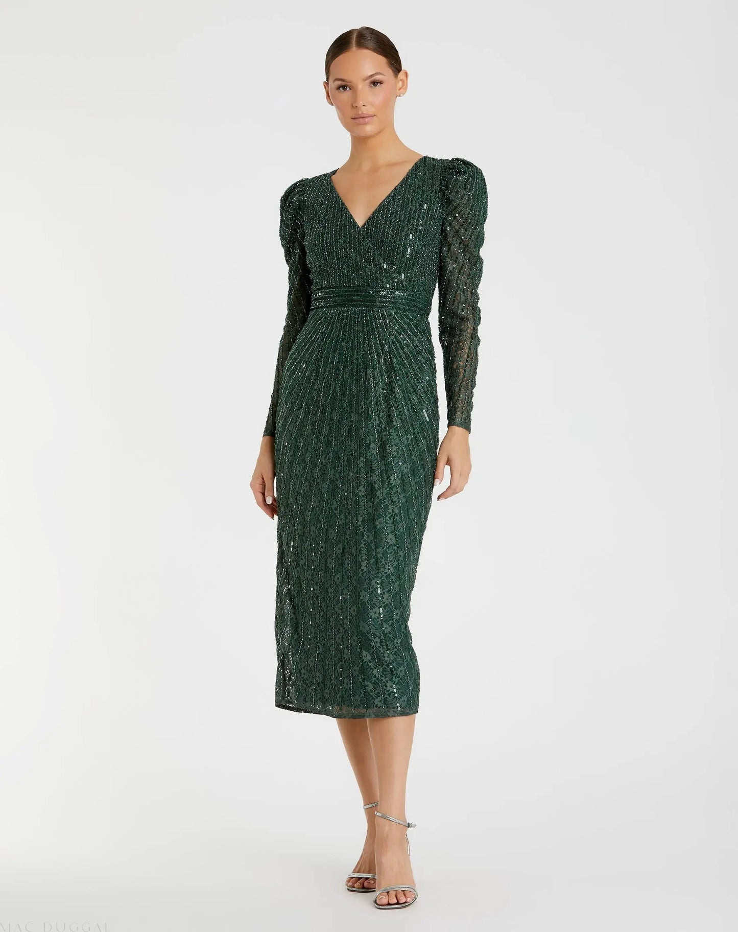Green Beaded Lace Long Sleeve Midi Dress - Mac Duggal
