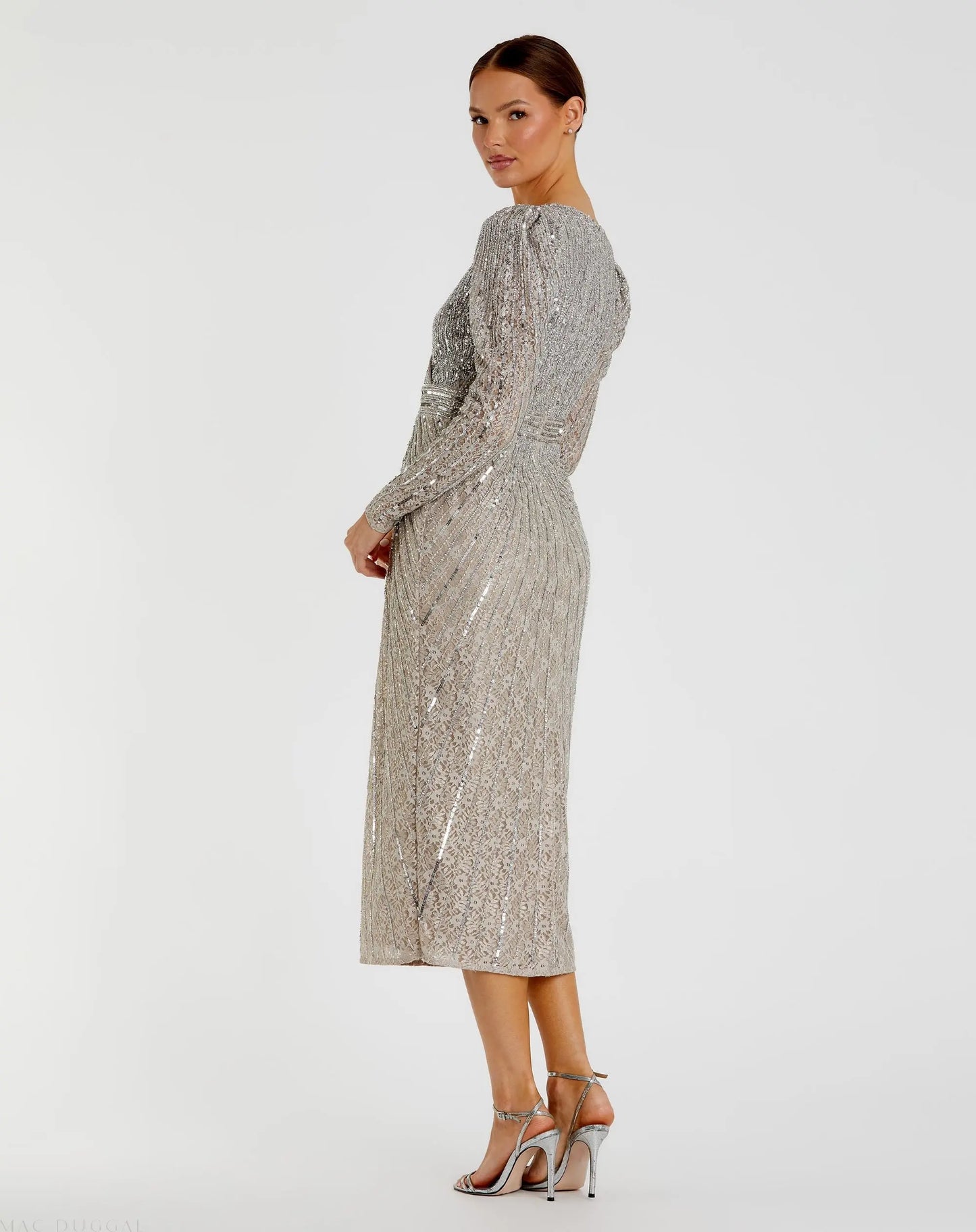 Gray Beaded Lace Long Sleeve Midi Dress - Mac Duggal