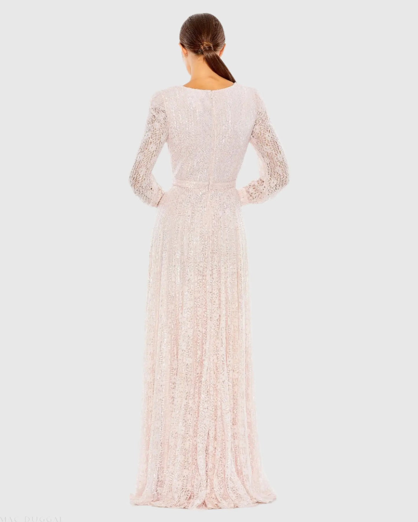 Pink Beaded Lace Long Sleeve Wrap Over Gown Mac Duggal