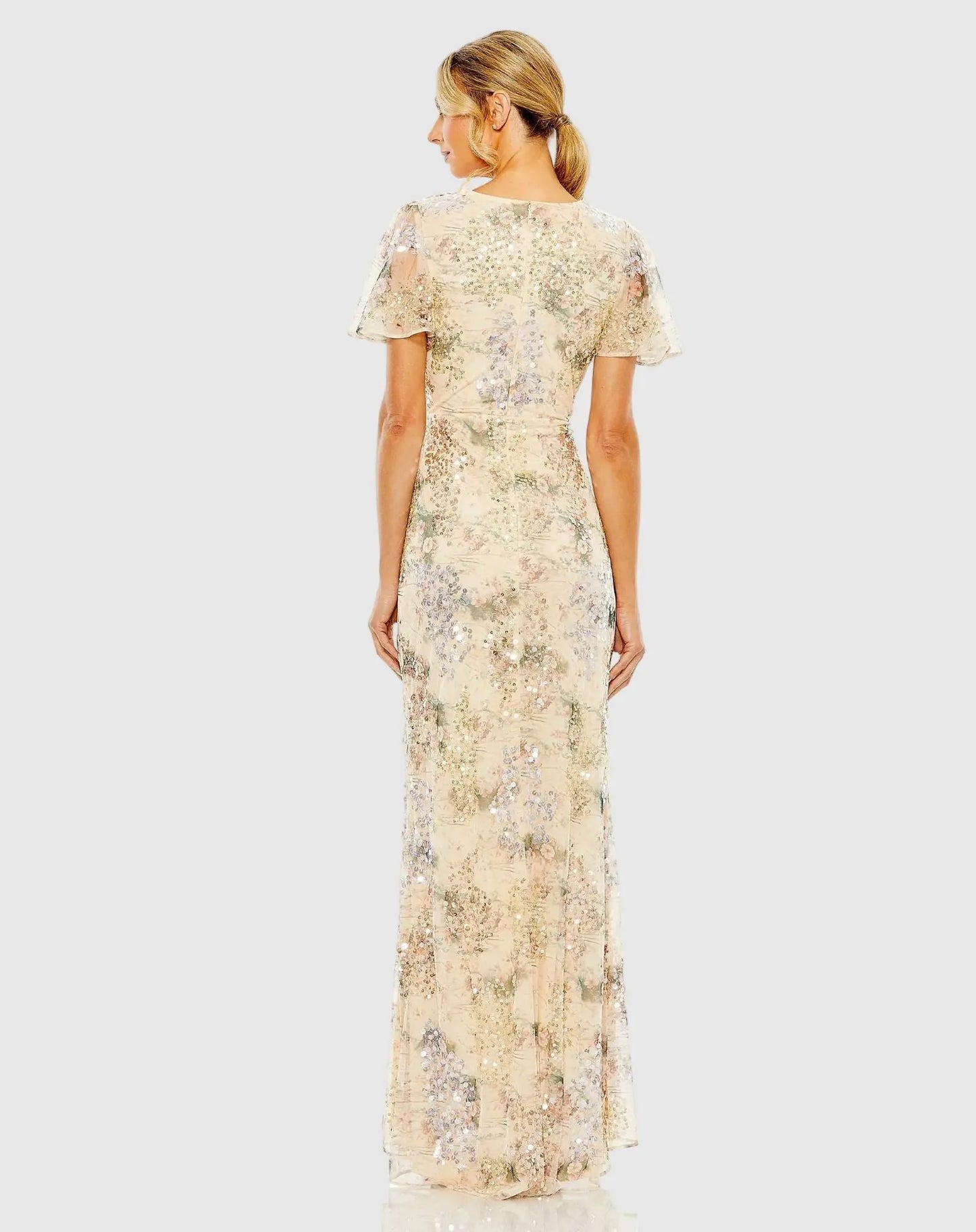 Beige Flutter Sleeve Embellished Evening Gown - Mac Duggal