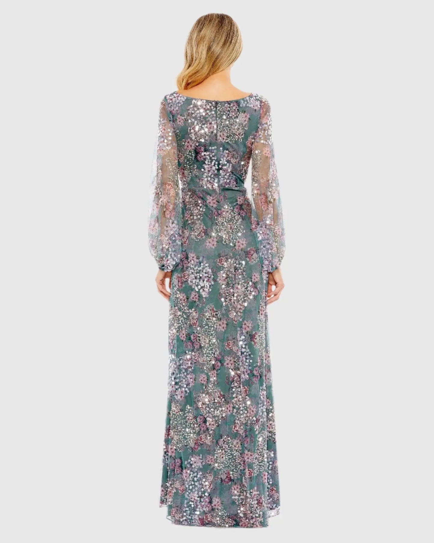 Gray Embellished Illusion Long Sleeve Faux Wrap Gown - Mac Duggal