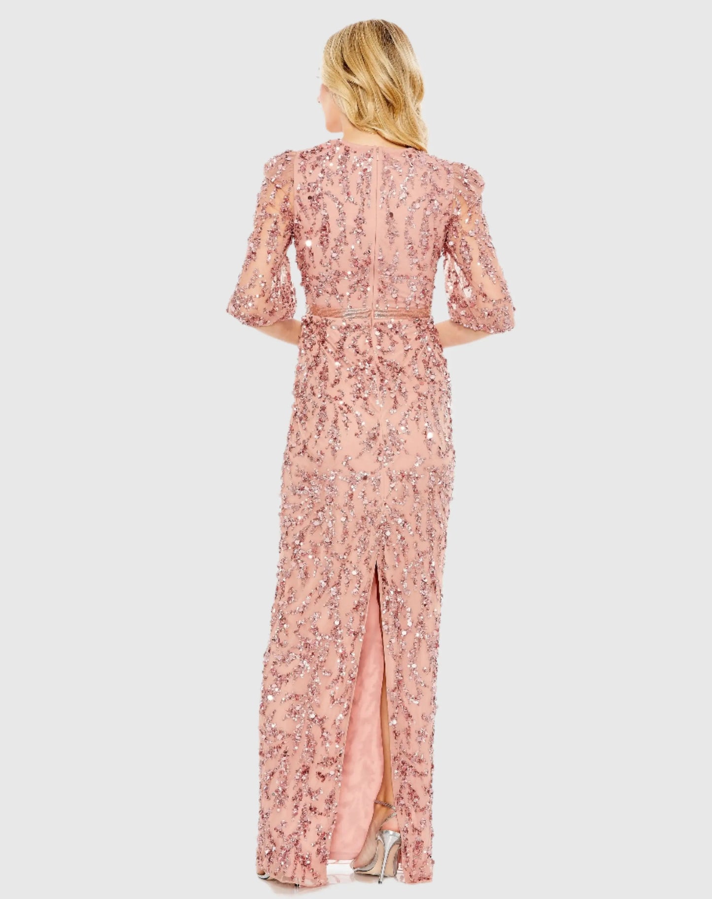 Pink Embellished Column Gown with 3/4 Sleeves - Mac Duggal