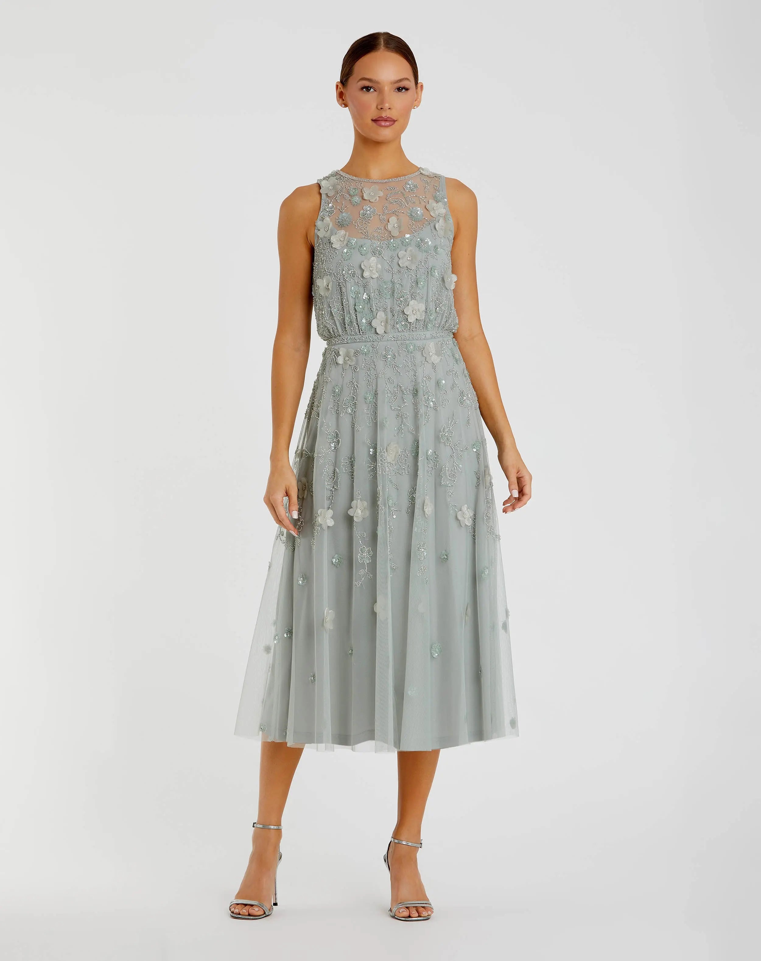 mac duggal green embellished mesh sleeveless scoop neck midi dress - Sage Floral Sizes XS - 5XL