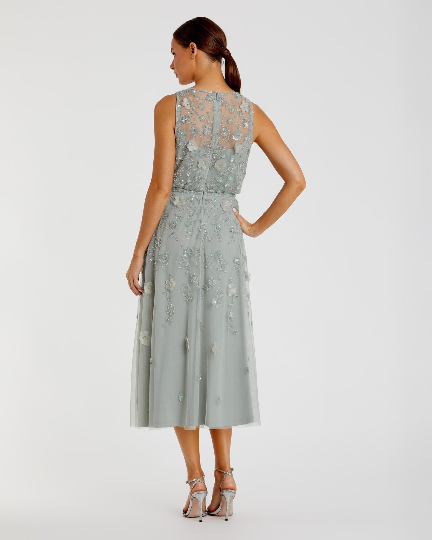 Green Floral Embellished Sleeveless Midi Dress Mac Duggal